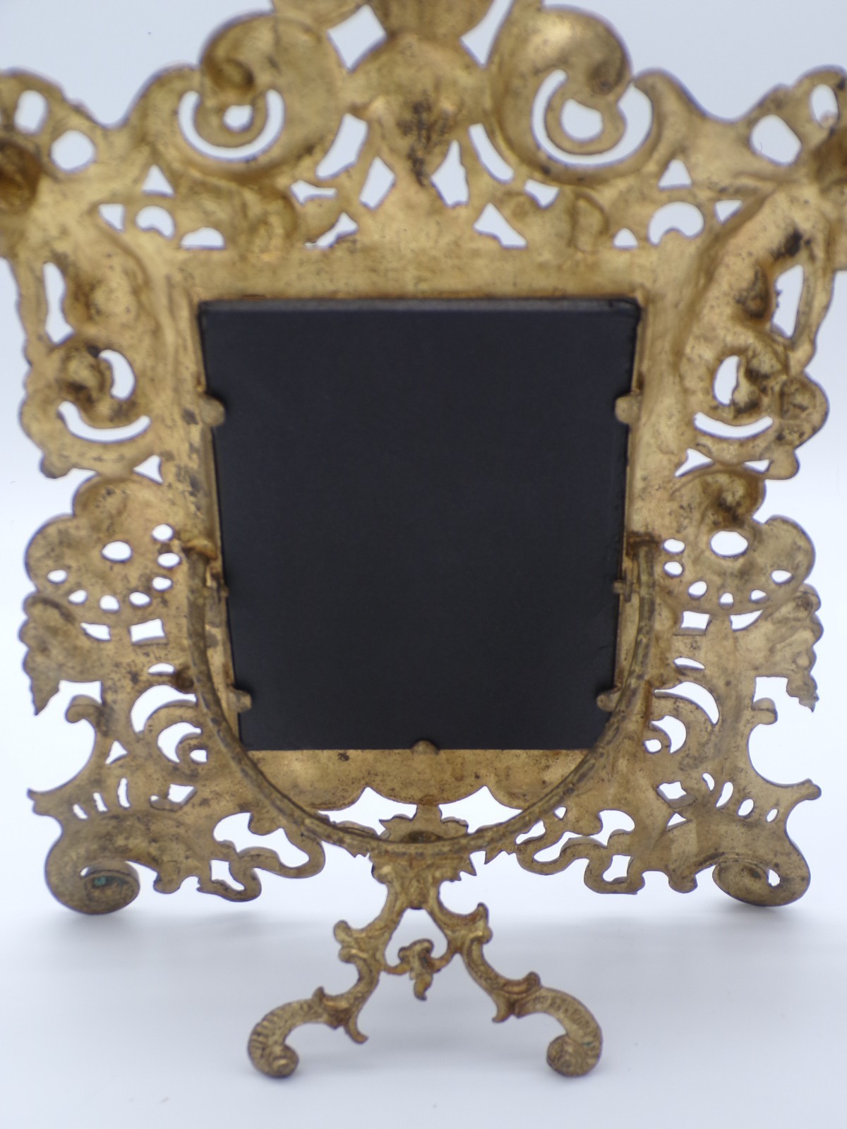 2 Antique Reticulated Scrollwork & Cupid Art Nouveau Brass Easel Picture Frame