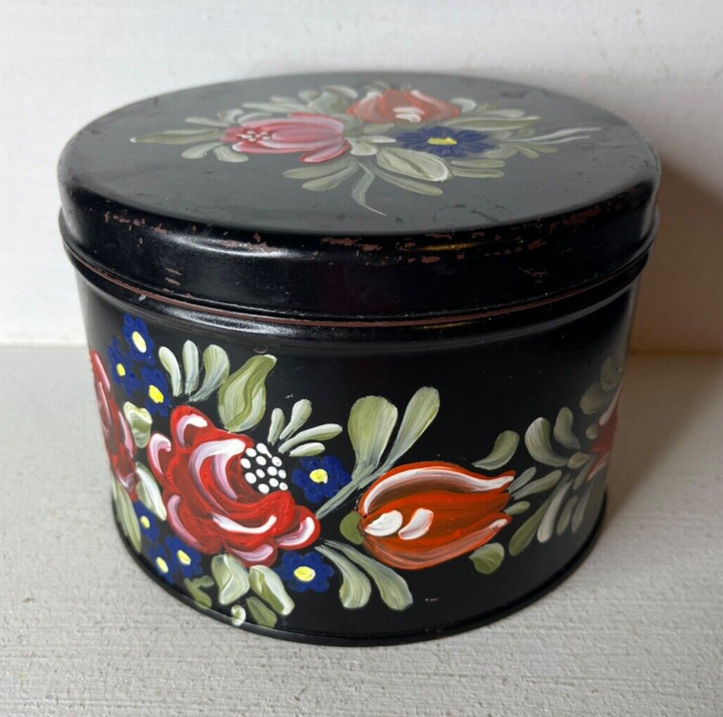 Vintage Primitive Hand Painted Toleware Folk Art Tin w/ Lid Signed EXCELLENT