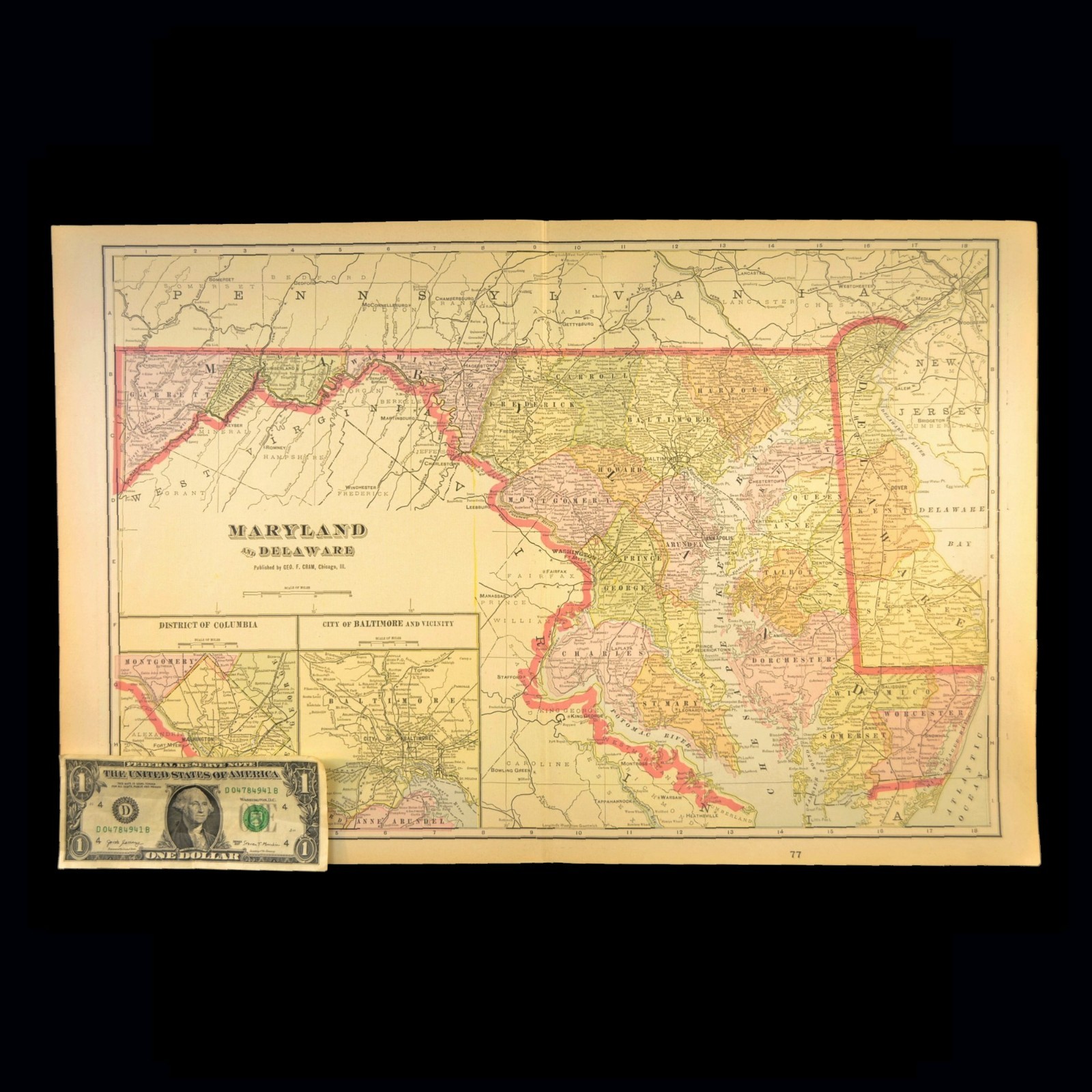 Vintage MARYLAND Map of Delaware Old Original LARGE Antique Annapolis Baltimore
