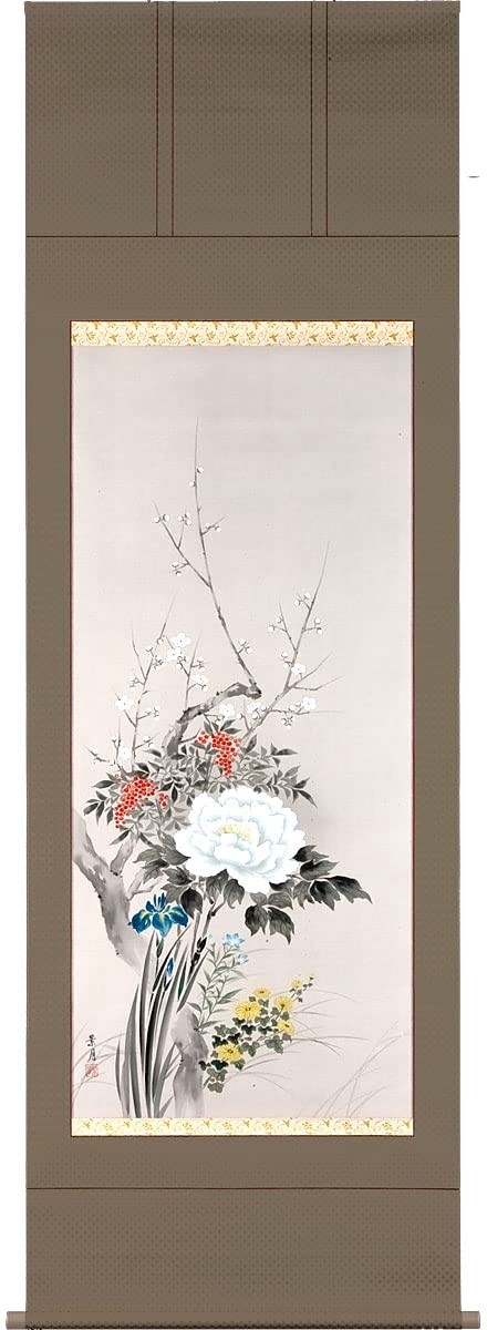 Japanese Hanging Scroll Kakejiku Four Seasons Flowers Handpainted 28.3×78.3in Ne