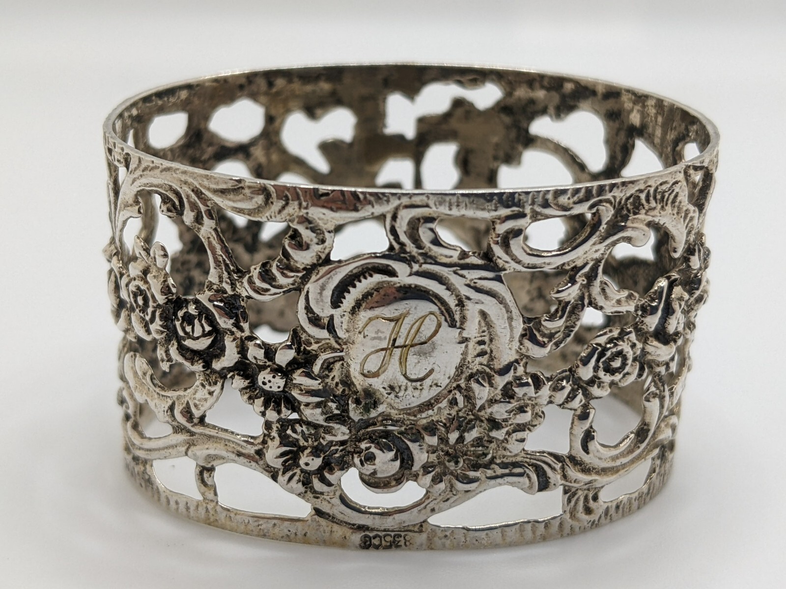 Antique German 835 Silver Hildesheim Rose Napkin Ring “H” initial engraving