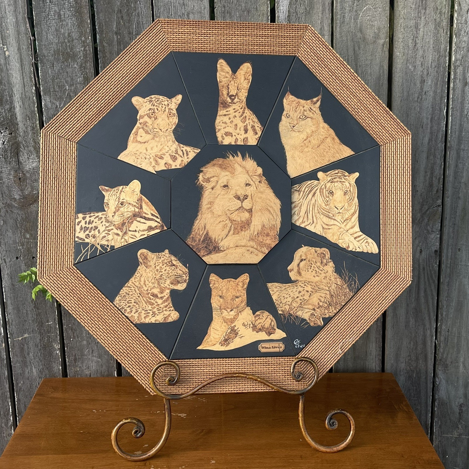 SIGNED 22” original WOODBLOCK WoodCut ART Wood Engraved Tiger Lion Big Cats
