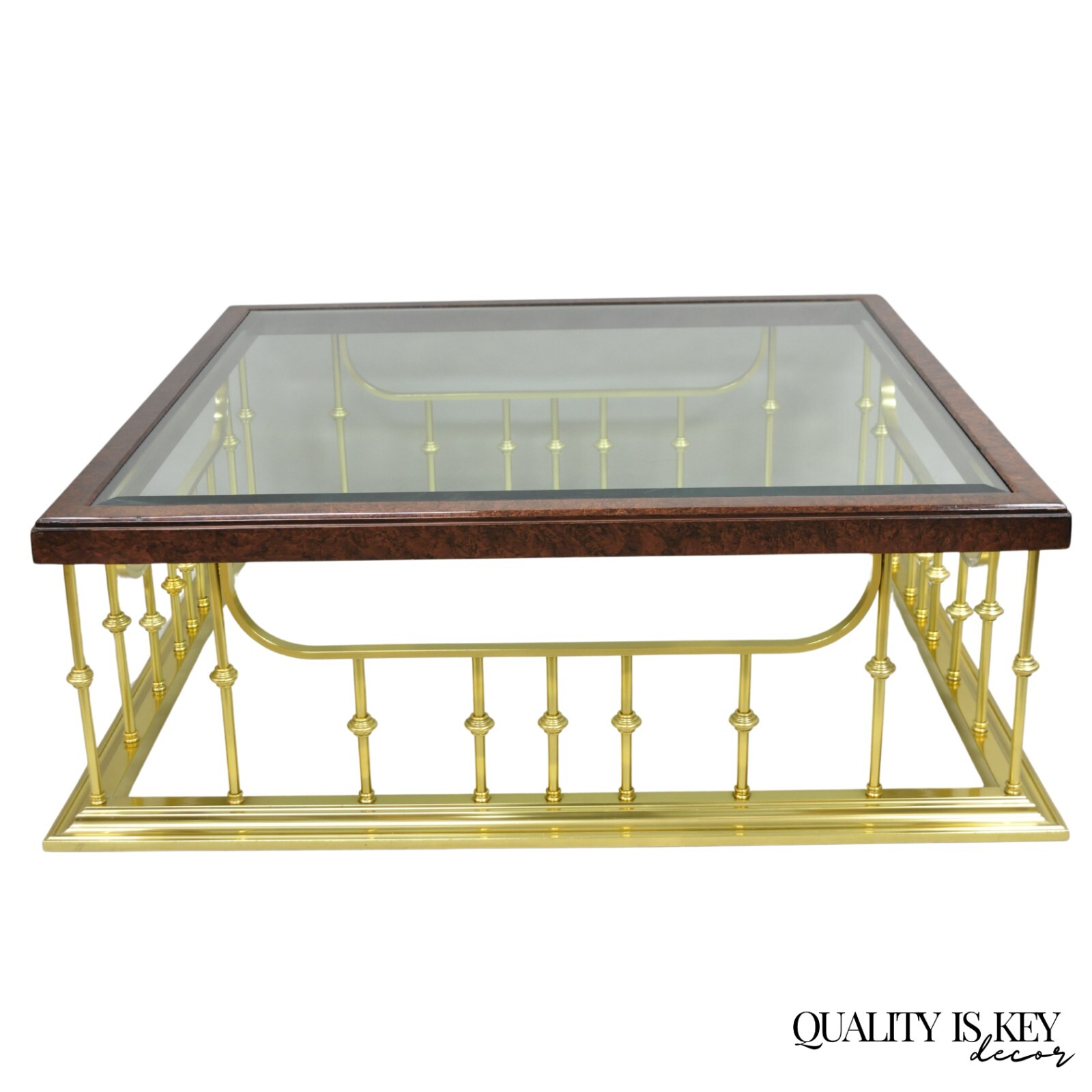 Vintage Erwin Lambeth Burl Walnut Brass Fireplace Fender 42″ Square Coffee Table