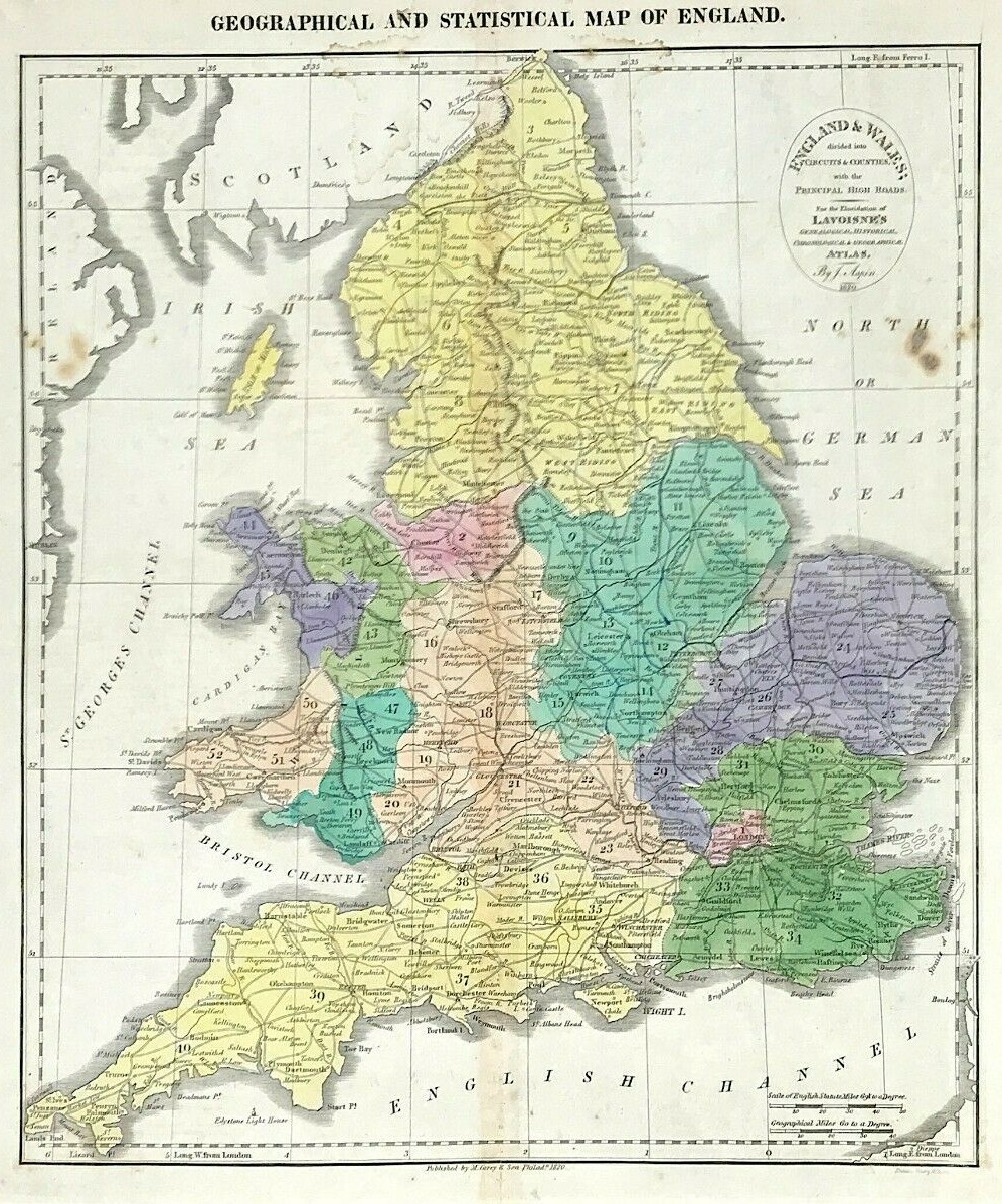 England & Wales 1820 by Carey & Aspin original Geographical & Statistical map