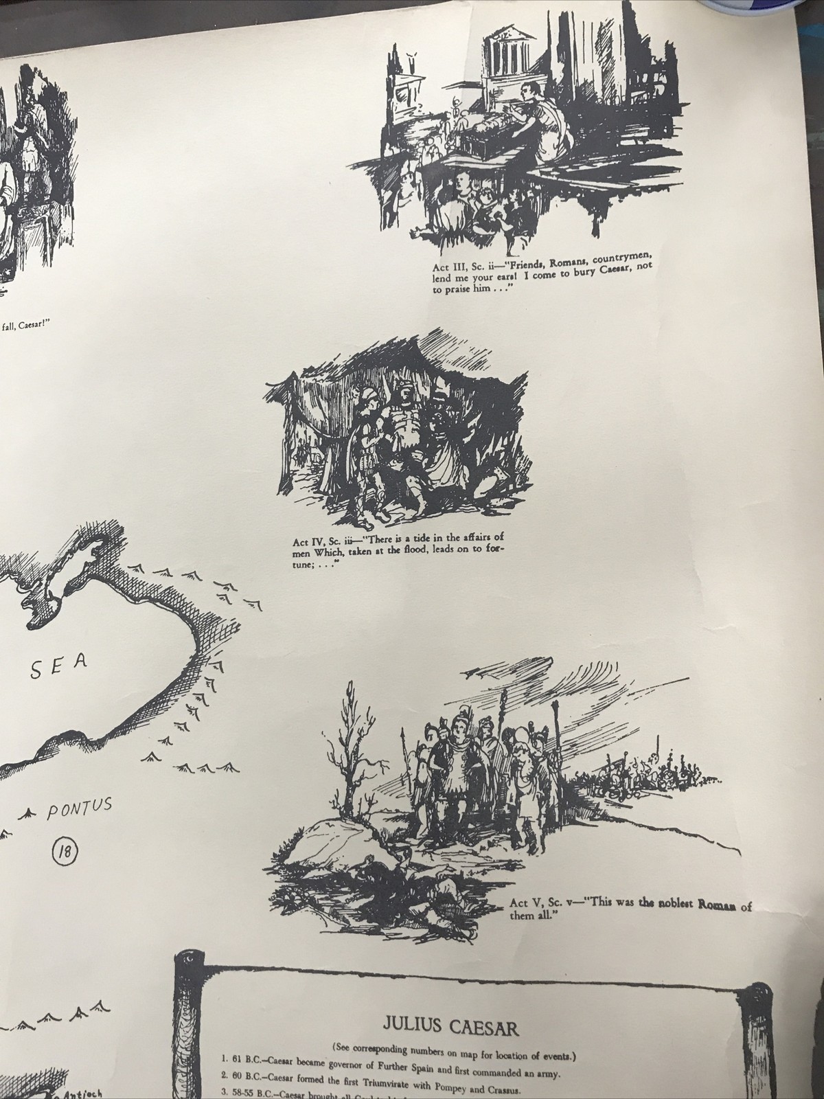 Antique Map-Scenes Of JULIUS CAESAR-Educational Illustrators Barbara Houseworth
