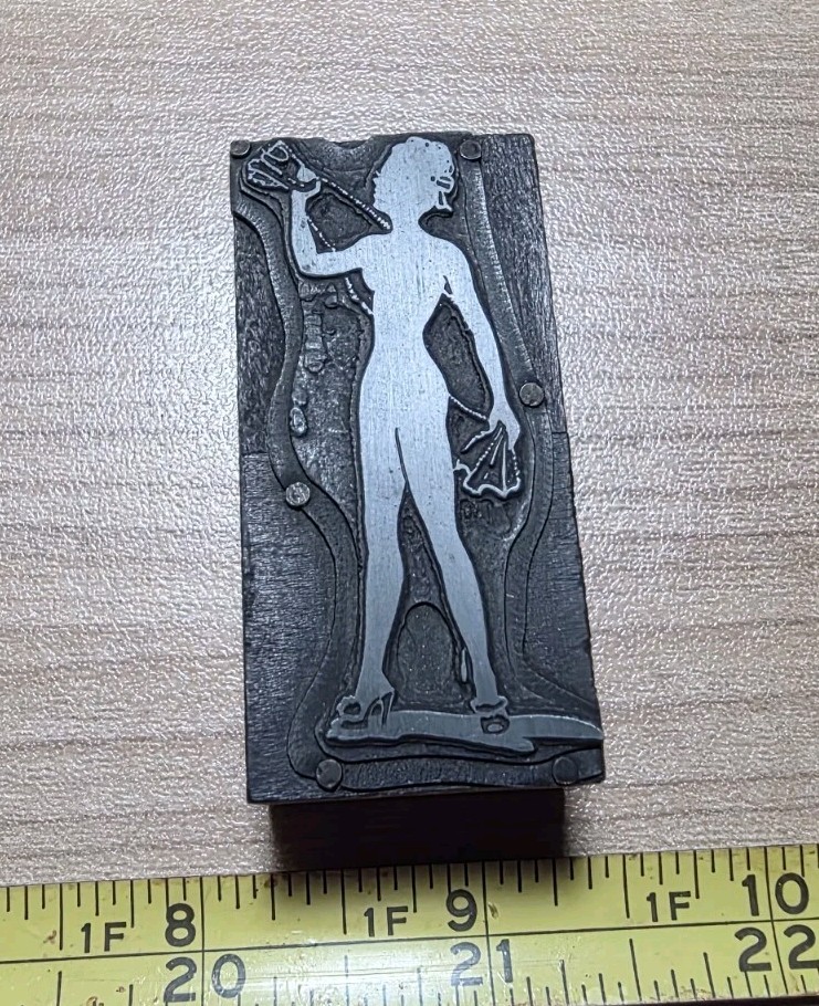Vintage Letterpress Printing Block Risque Woman Towel Drying High Heel Shoes