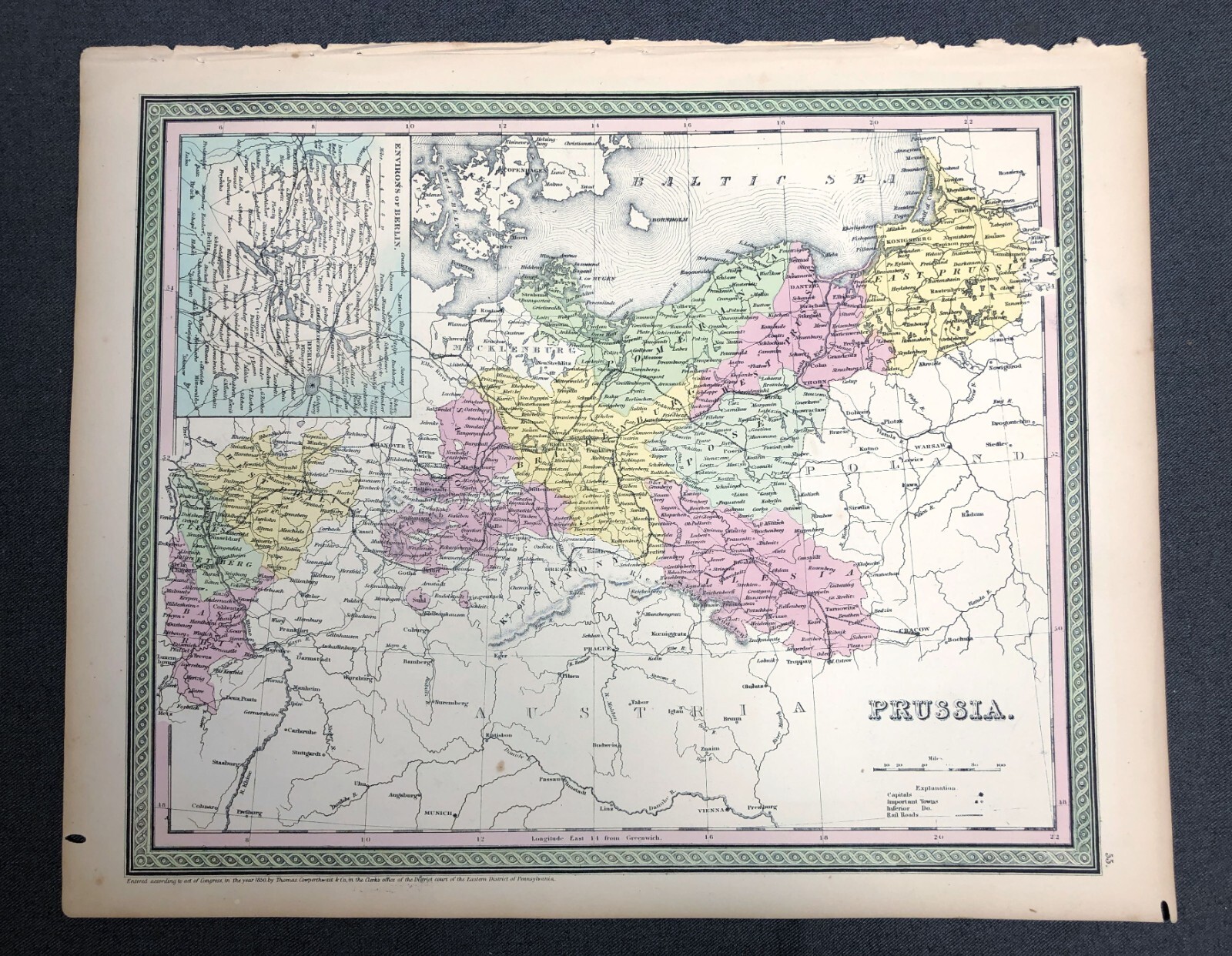 Rare 1850 Cowperthwait Map PRUSSIA Europe Mitchell’s New Universal Atlas 1855
