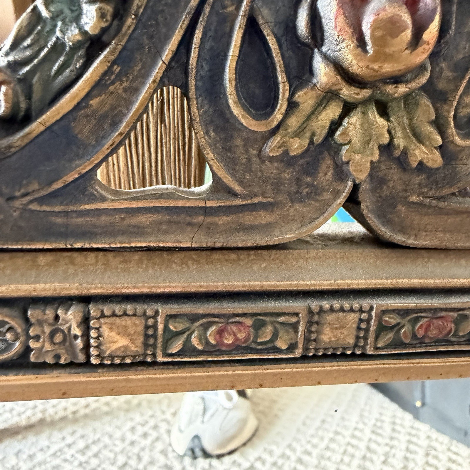 Antique 3 Panel Bevel Glass Buffet Mantle Mirror French Wood Frame Floral Carved
