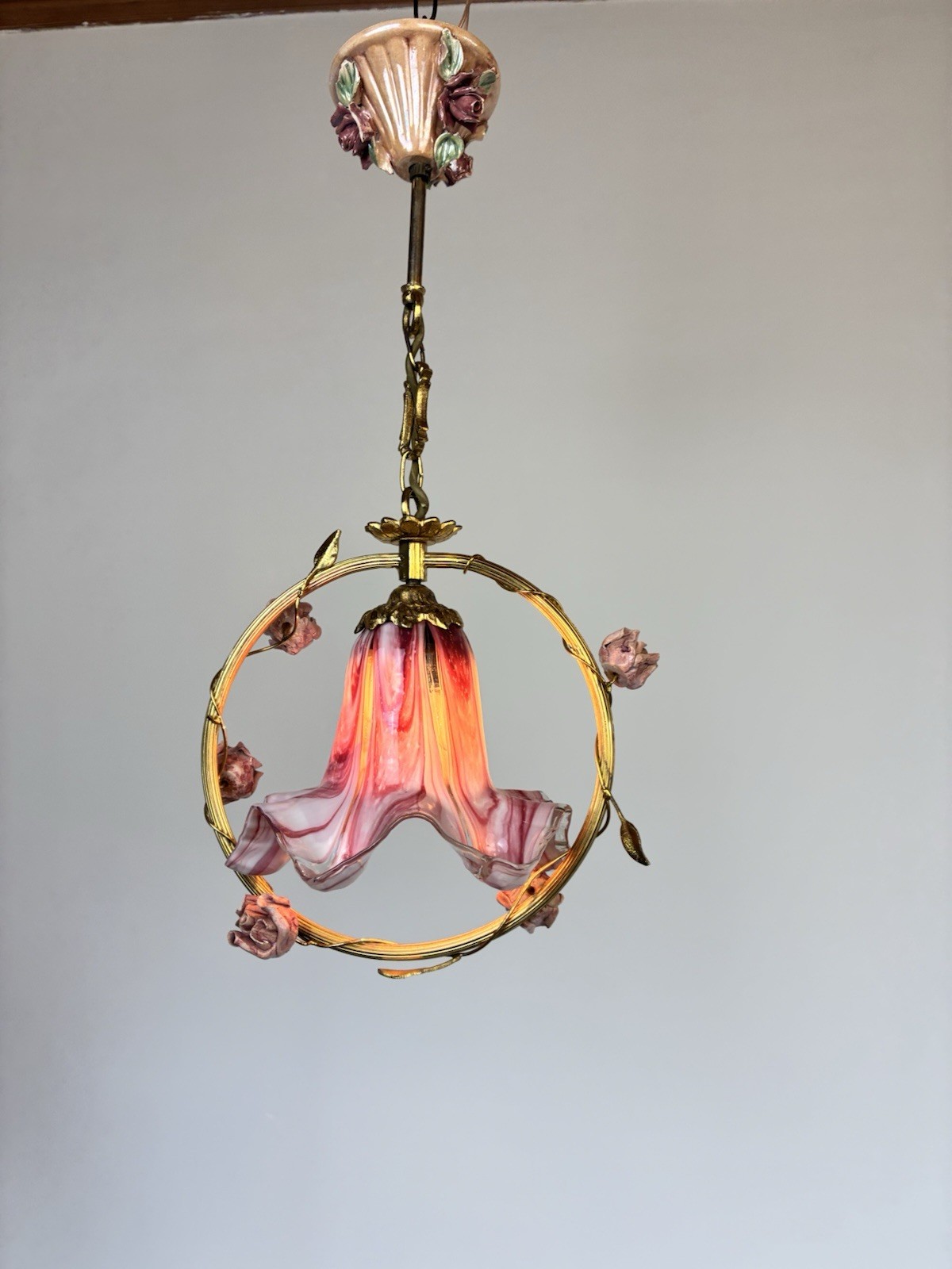 Vintage Pink Murano Ruffled Glass Chandelier Brass Hoop Ceramic Roses Rewired⁠
