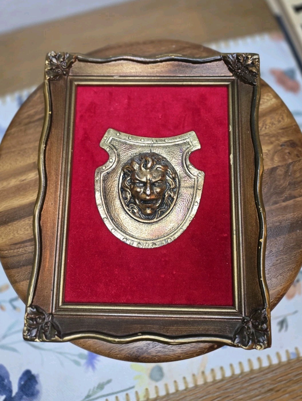 Antique Gothic Face Shield Wall Plaque Rare Bronze Velvet Wood Renaissance