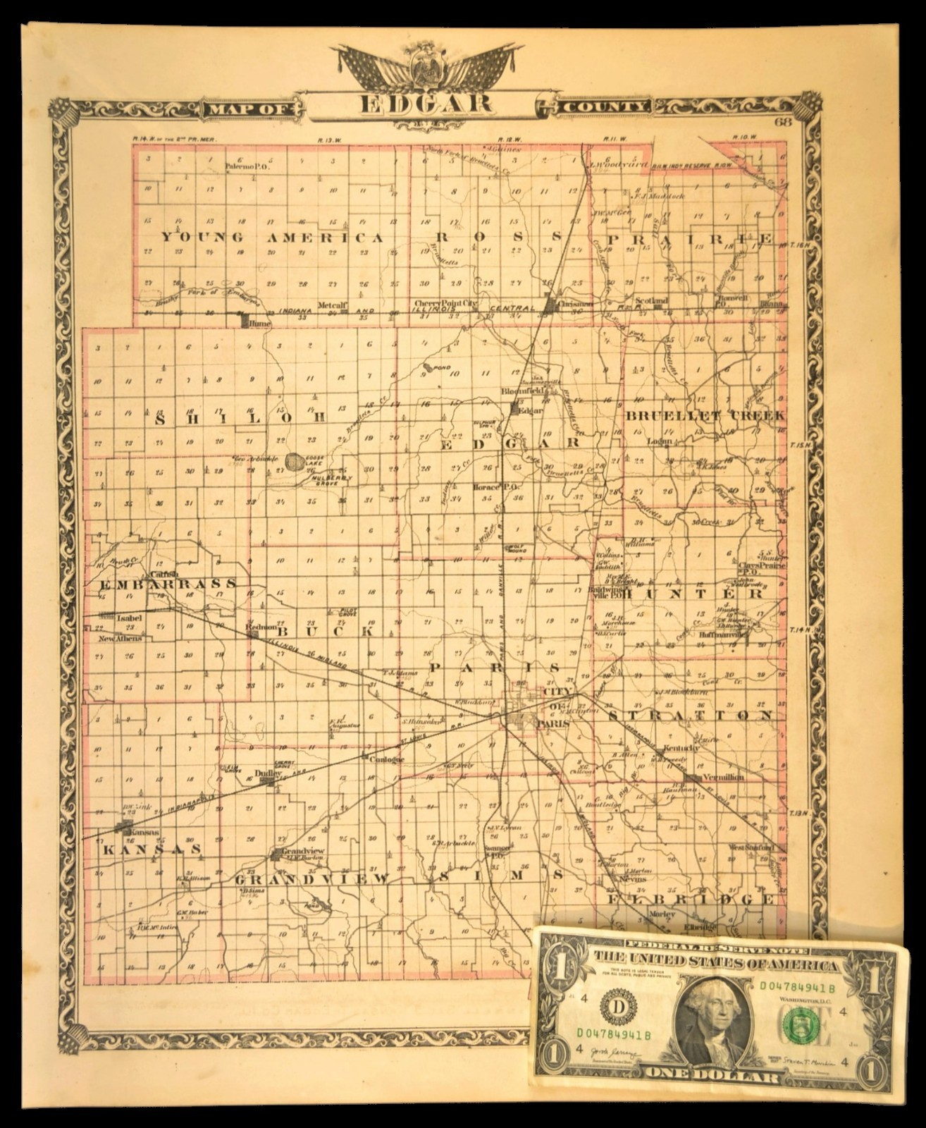 ca 1876 EDGAR COUNTY Illinois Map Paris & Danville Railroad I&SL RR IMRR Antique