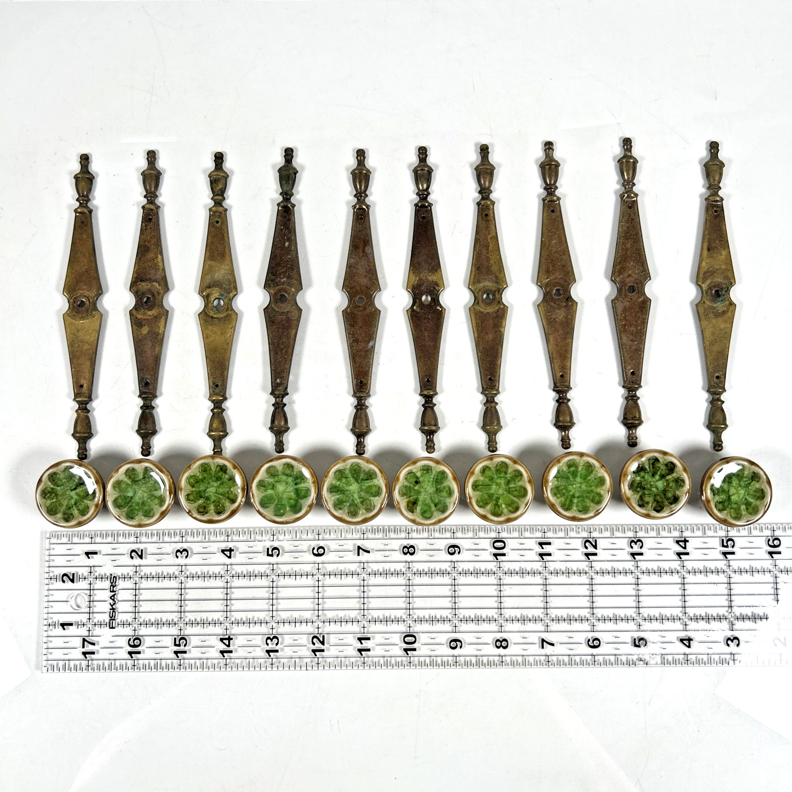 10 VTG Lime Slice Porcelain & Crushed Green Glass Drawer pulls, Brass Backplate