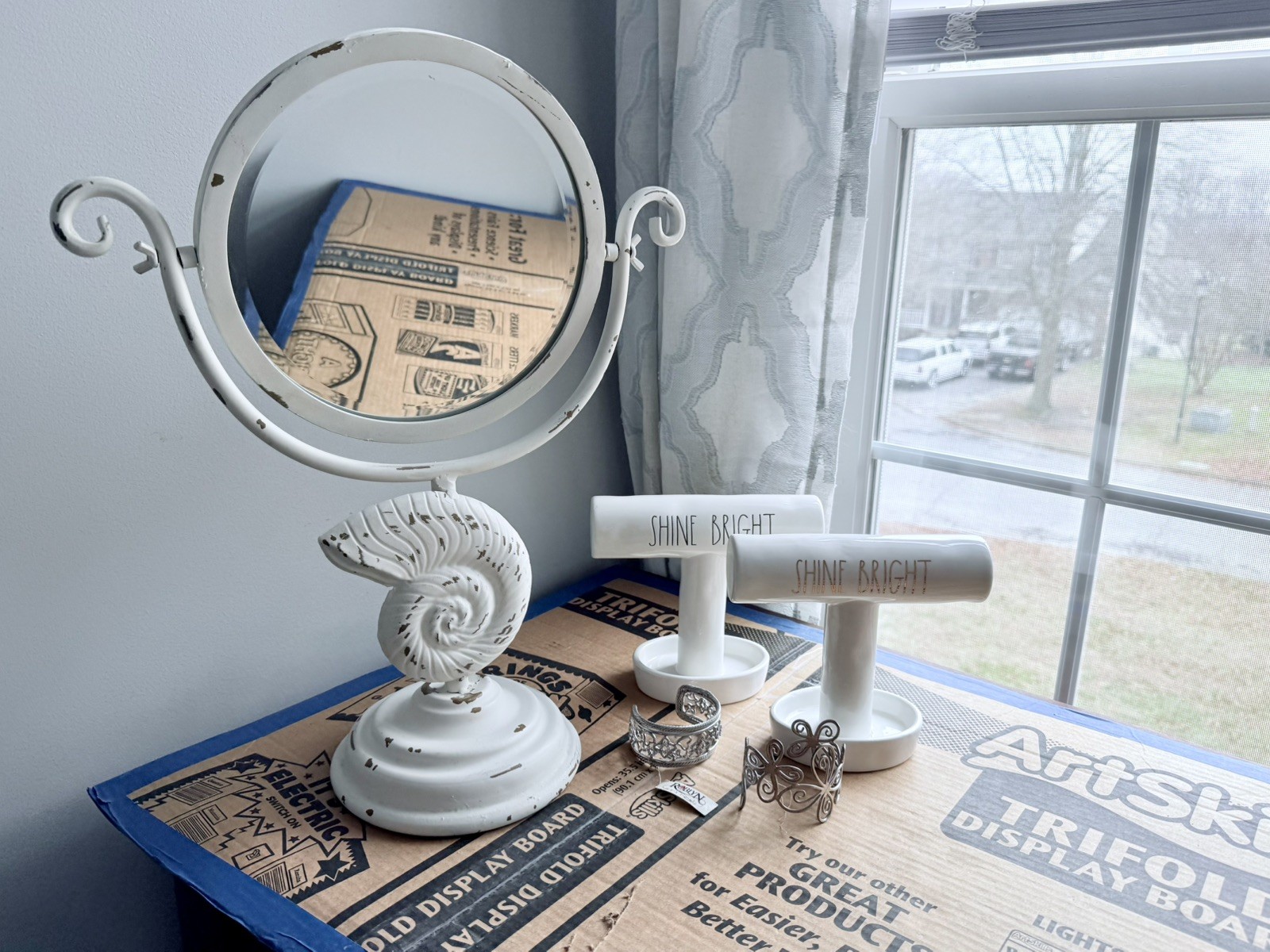 Vintage White Metal Shell Table Mirror – Factory Distressed, 19”(H) x 15.5”(W) A