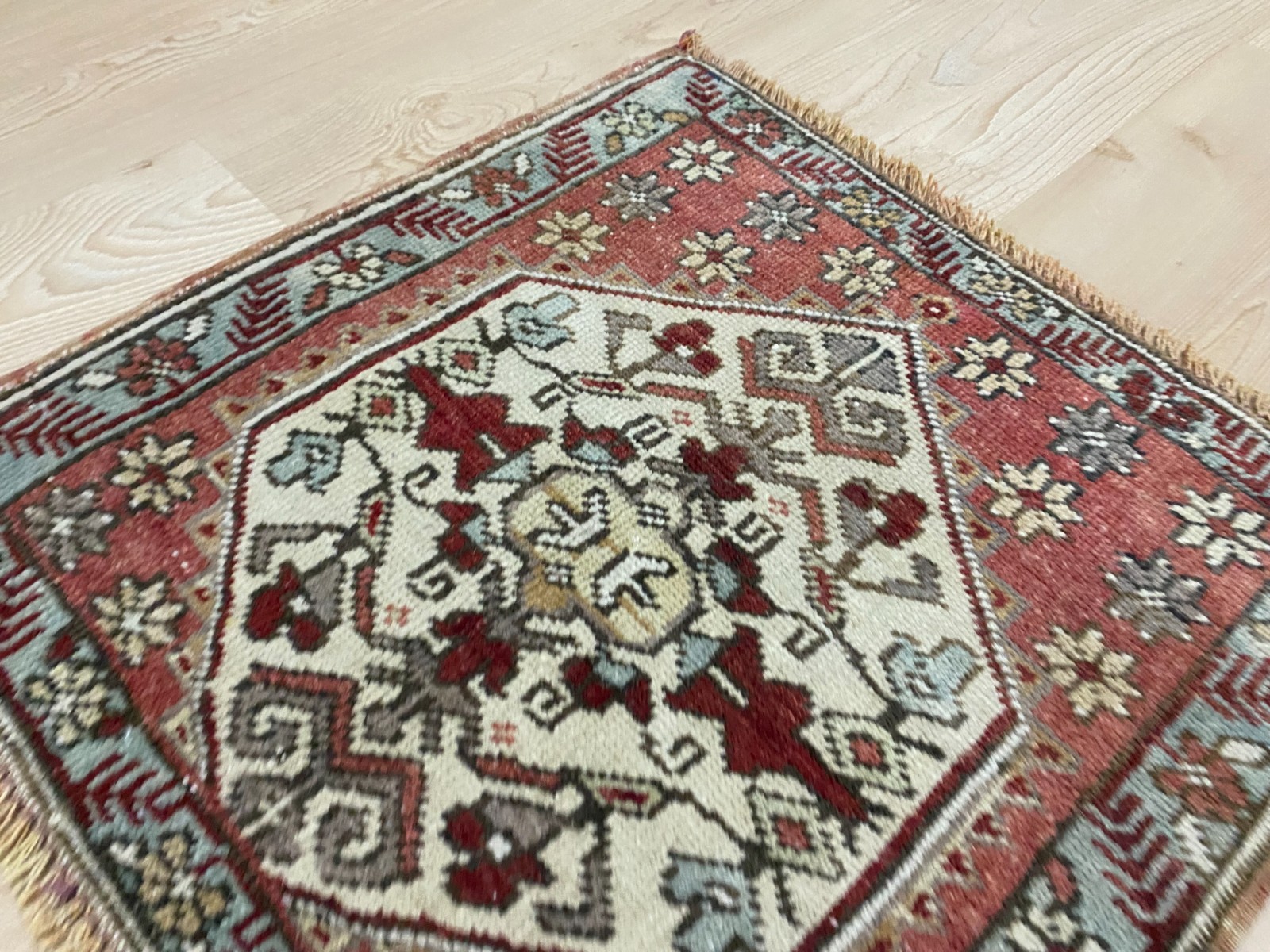 Handwoven Turkish Hexagon Medallion Rug Wool Square Red Carpet 1.7×1.8 ft