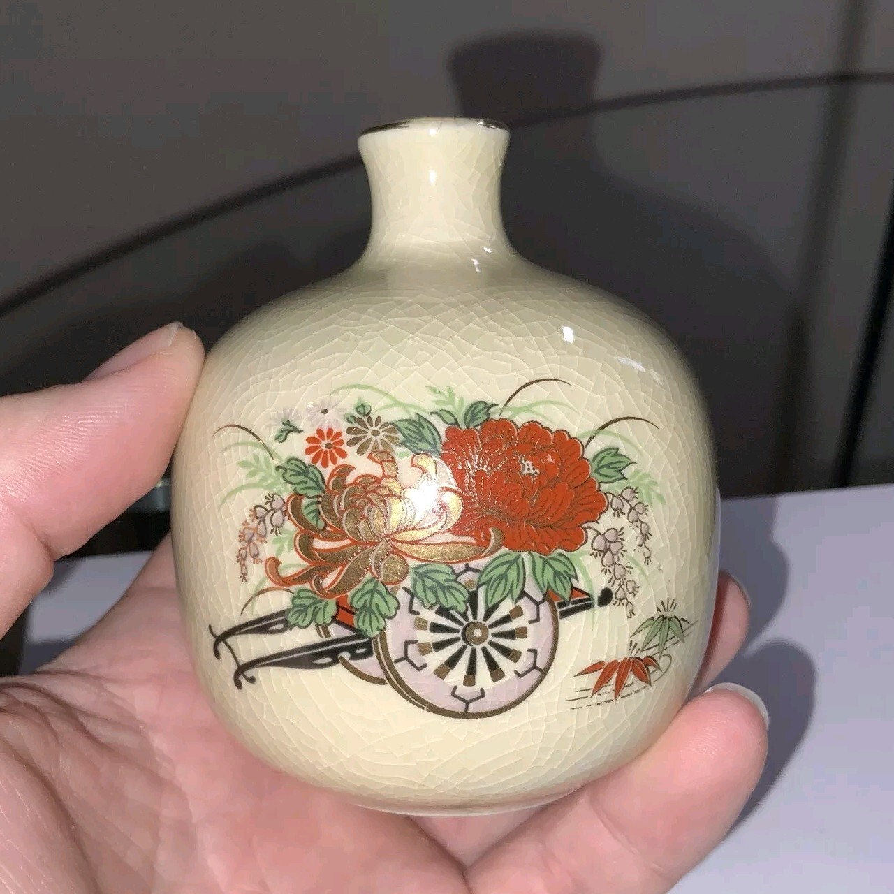 Vintage Japanese Bottle Vase – 3.75” X 3.0” Wheelbarrow And Floral – Gold Trim