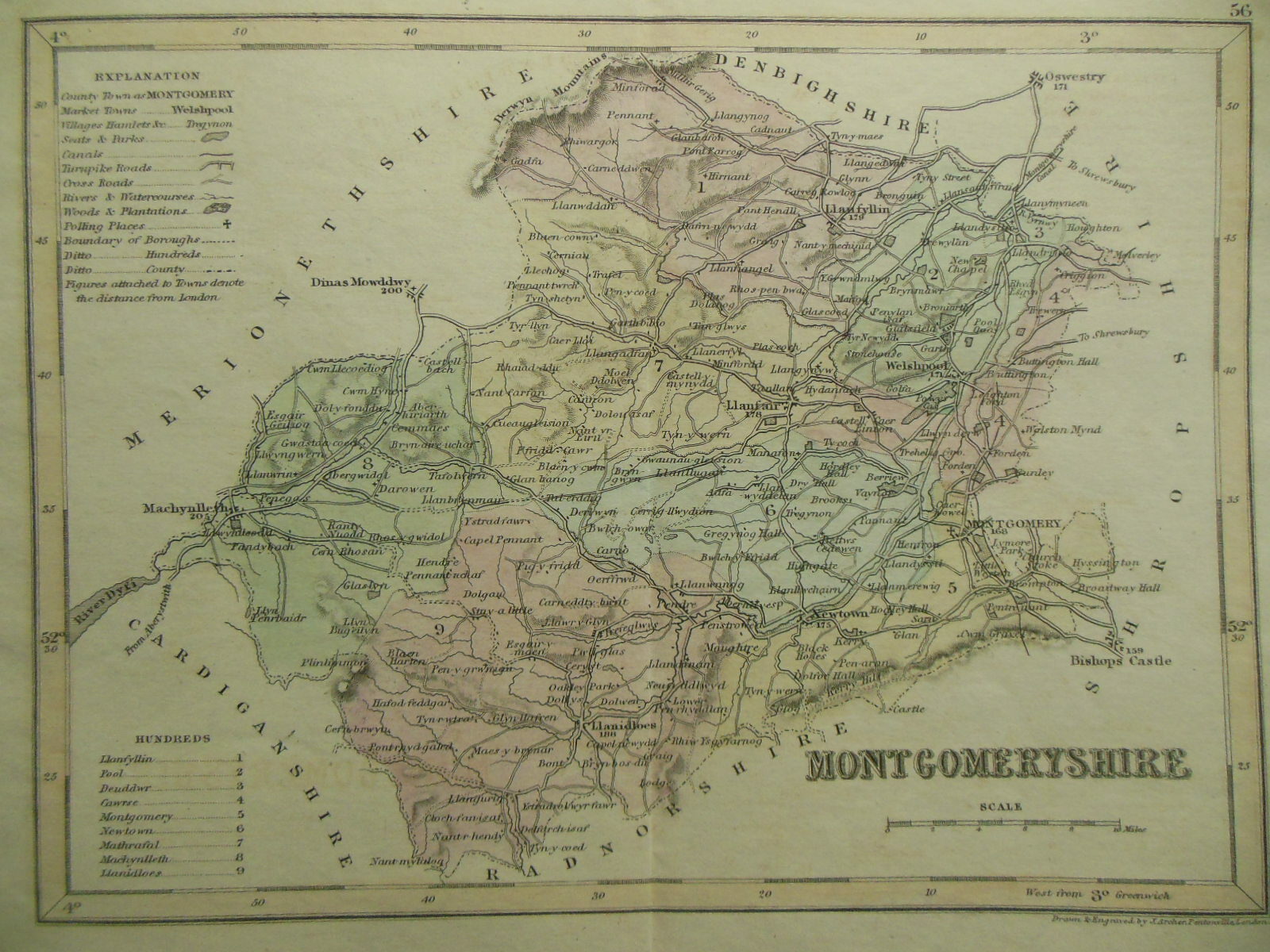 Original Antique Map of MONTGOMERYSHIRE (North Wales) c1850s – J Archer – County