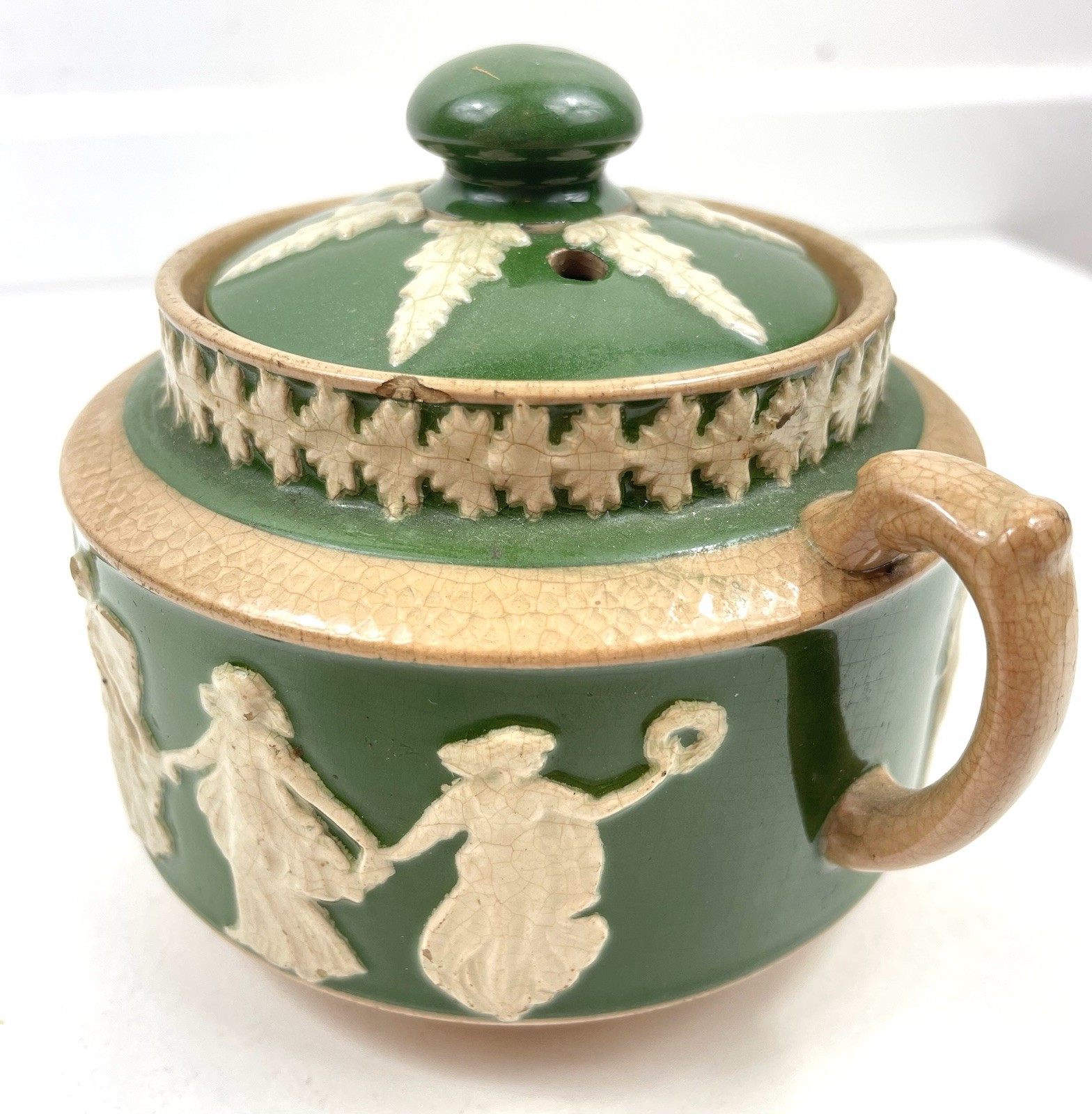 Etruscan England Antique Green Jug With Lid Dancing Hours Jasperware Relief Rare