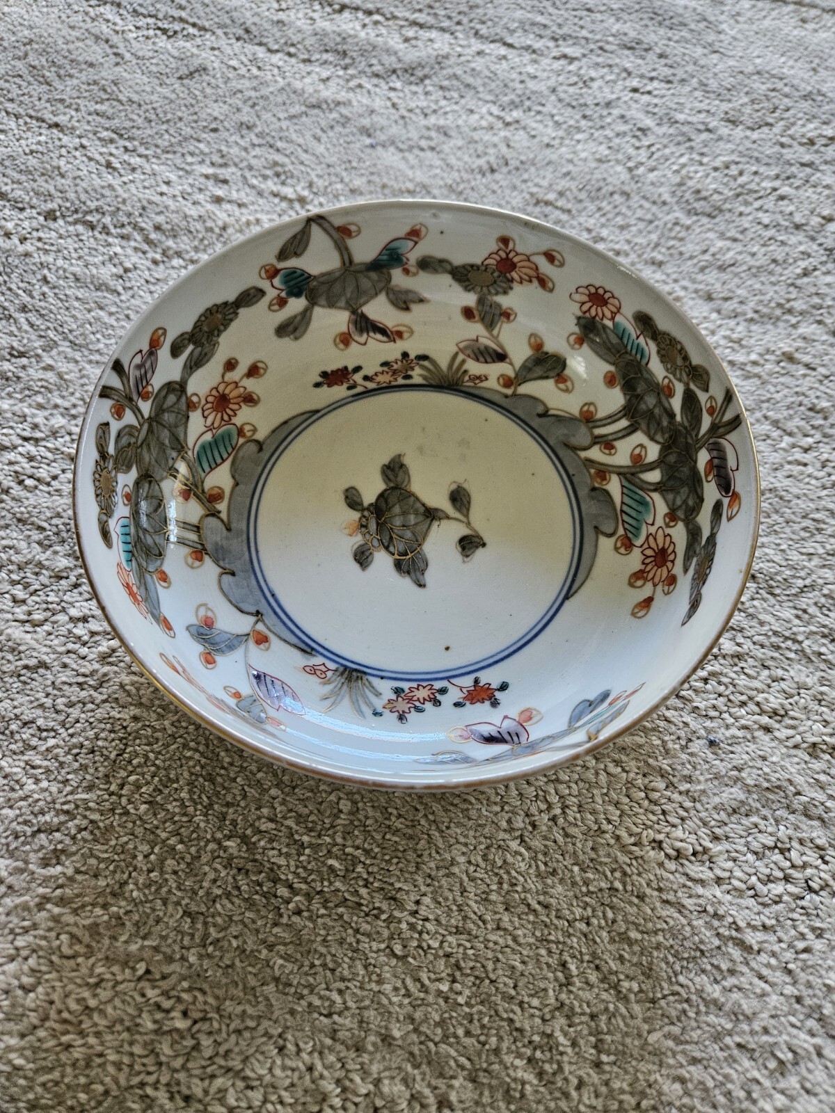 Chinese Export Medium Bowl Gray Leafs Orange Berries Blue Stripes Signed Gold