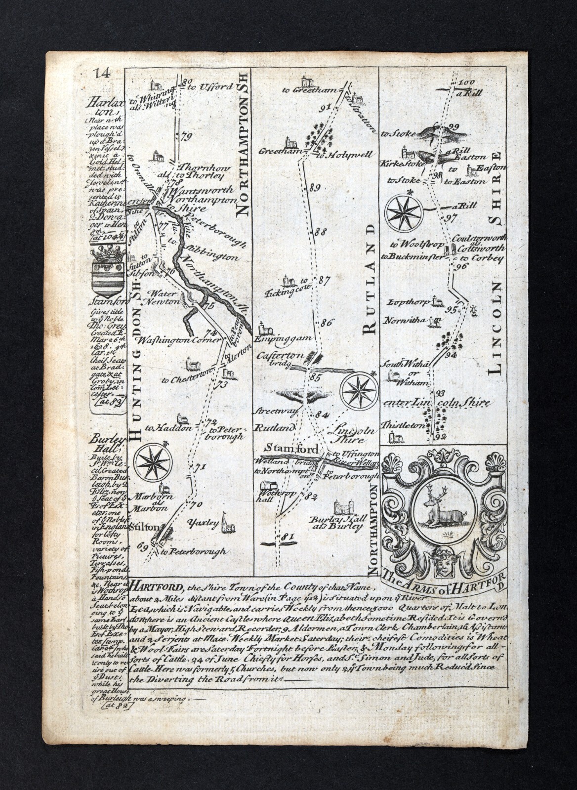 1720 Ogilby Bowen Road Map Huntingdon Stamford Northhampton Royston England