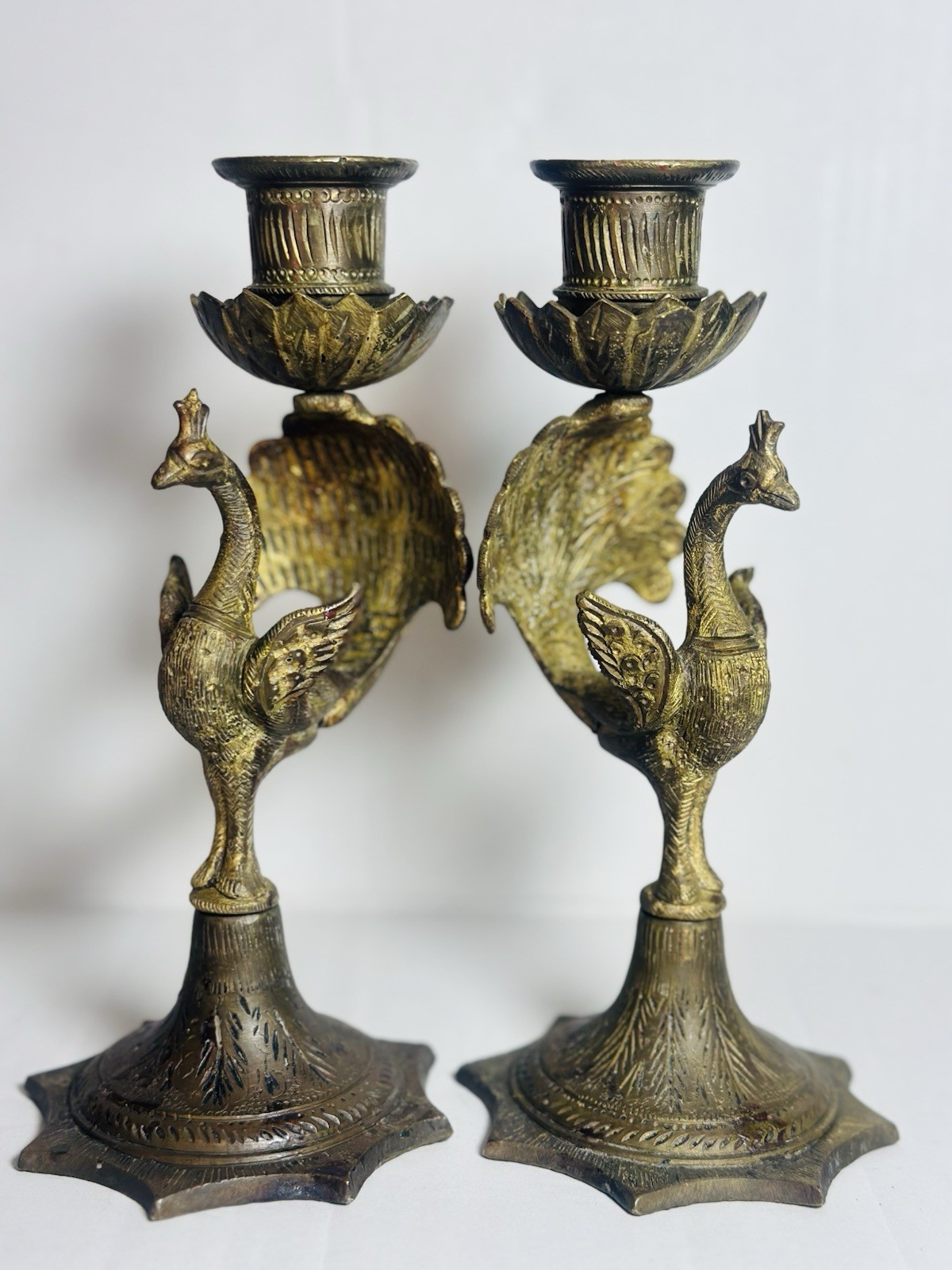Pair (2) Matching Solid Brass Peacock Candle Holders 19th Century Antique