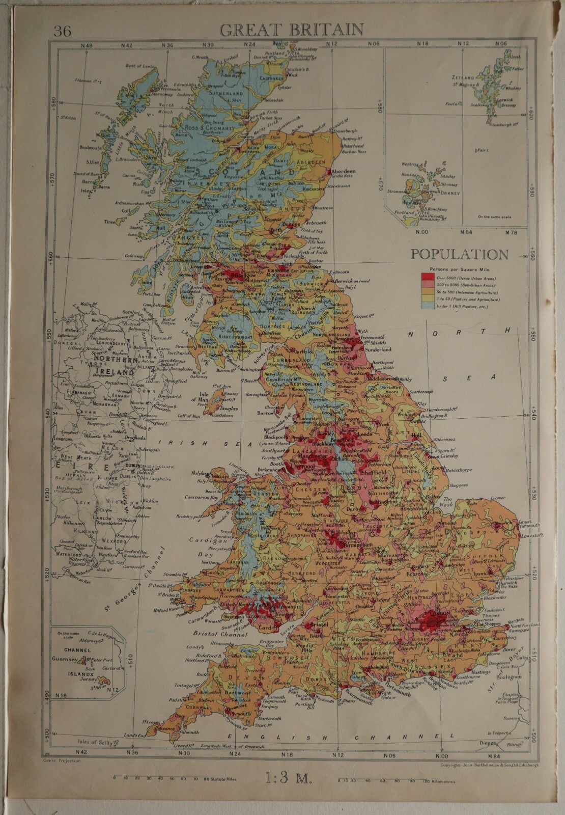 1950 MAP – GREAT BRITAIN POPULATION LONDON BRISTOL CARDIFF SUFFOLK CHESTER YORK
