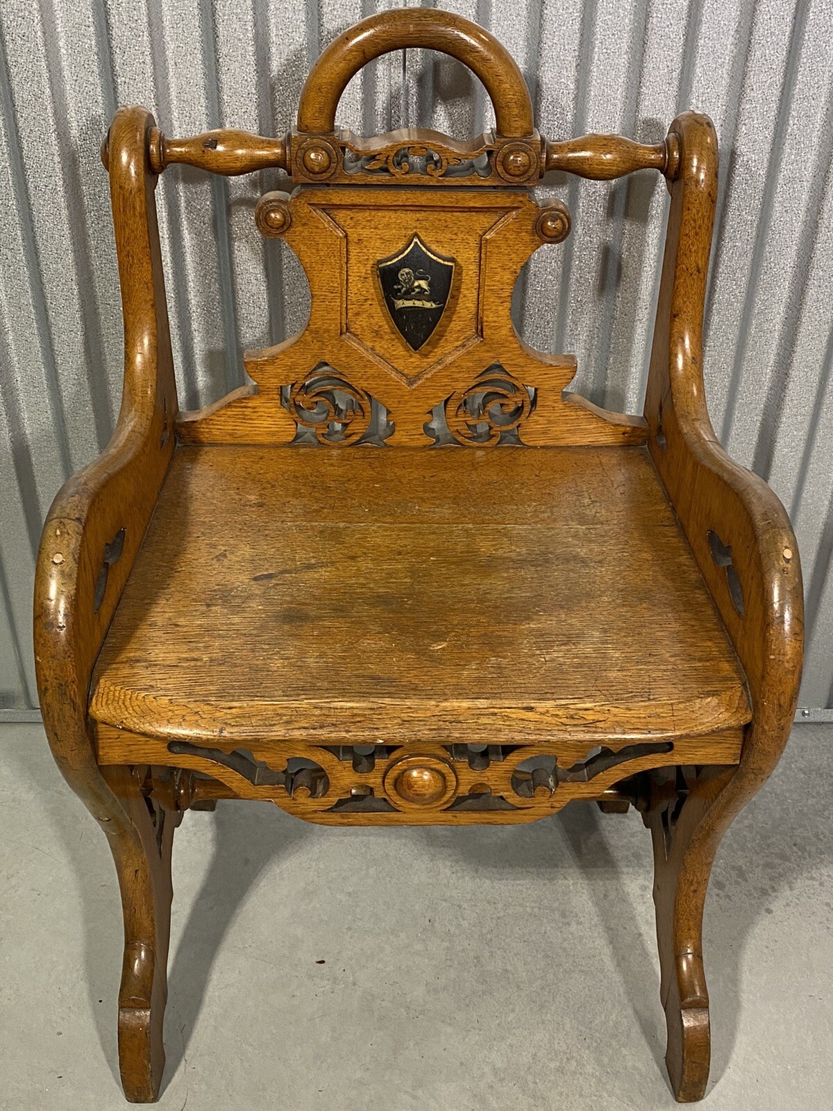 Antique 19th Century English University Chair With Lion Shield Solid Oak UNIQUE