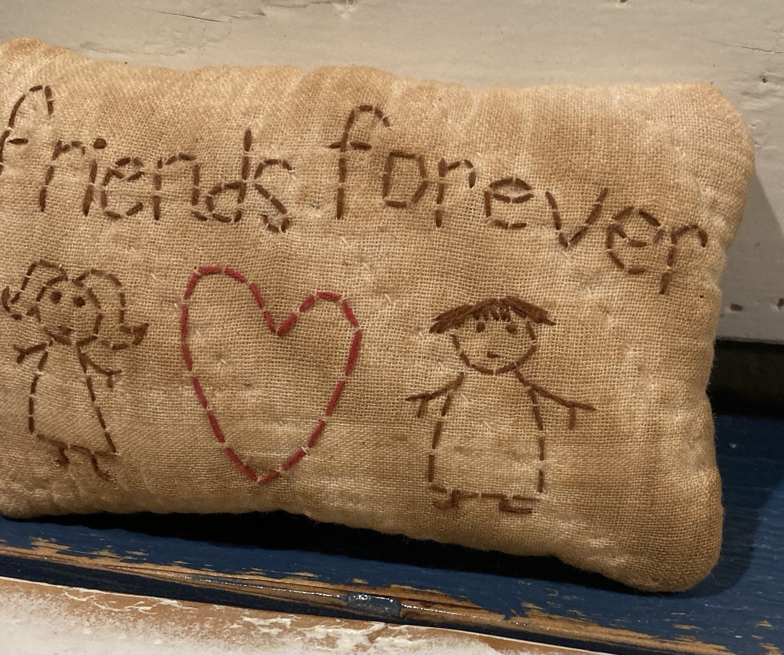 Primitive Stitched *Friends Forever* Shelf Pillow-From Vintage Quilt Back