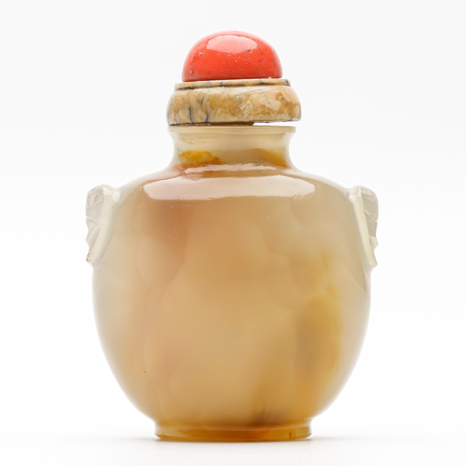 Chinese Snuff Bottle Agate Red Coral Stopper Beast Mask Handles Qing 19th C