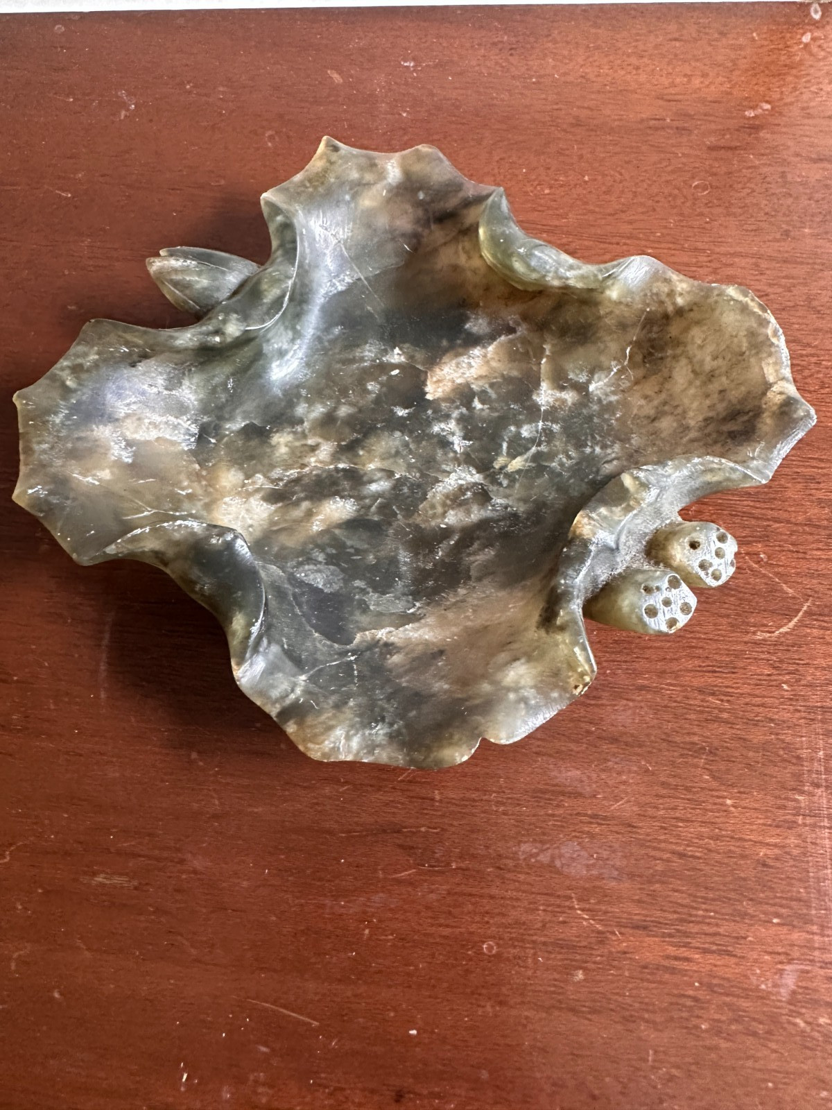 Vintage Chinese Serpentine Jade Lotus Leaf and Bud Brush Washer Dish