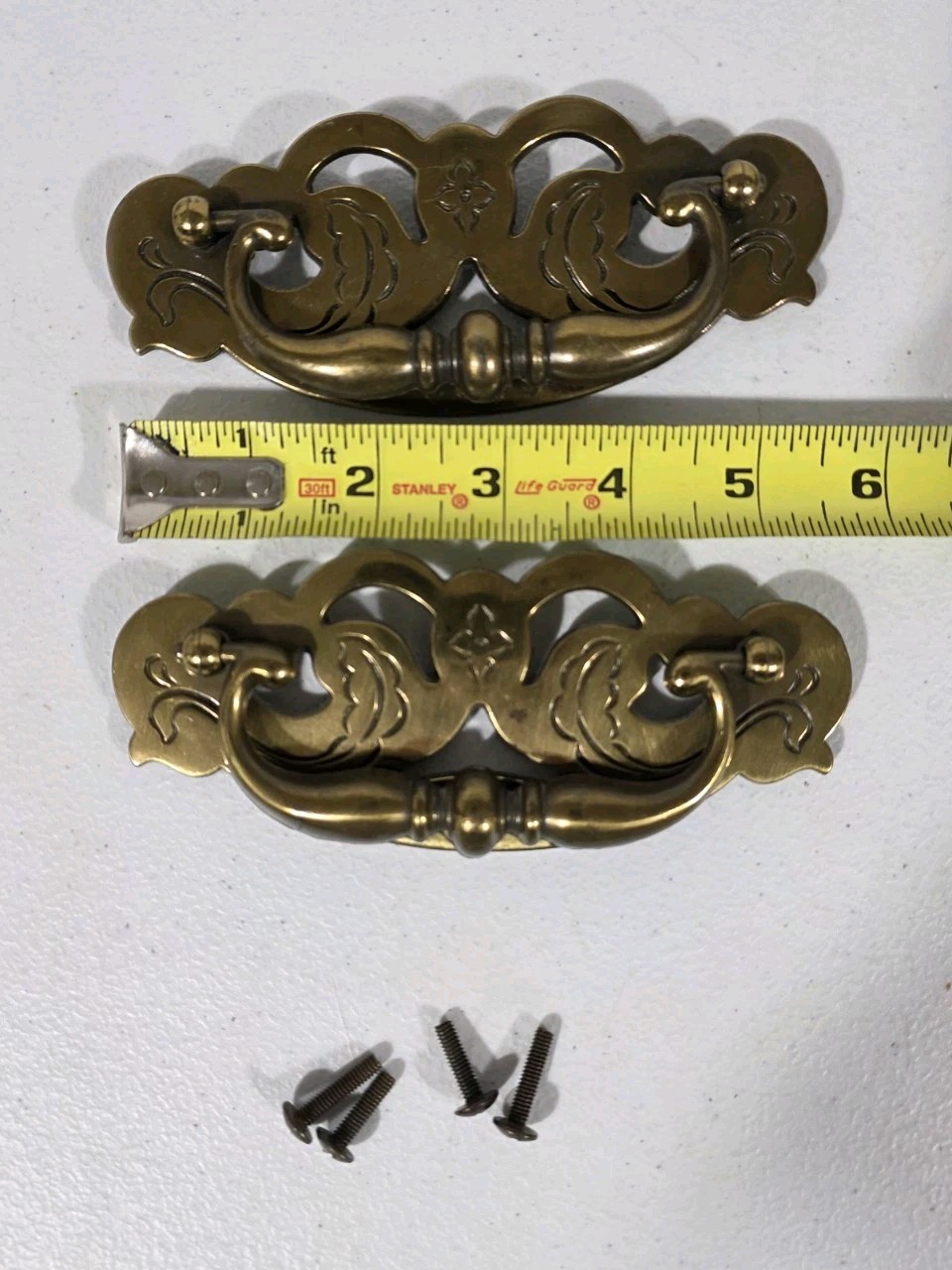 Vintage 1994 Brass Decorative Drawer Pulls Lot 2 Ornate Bail Handles 6” w Screws