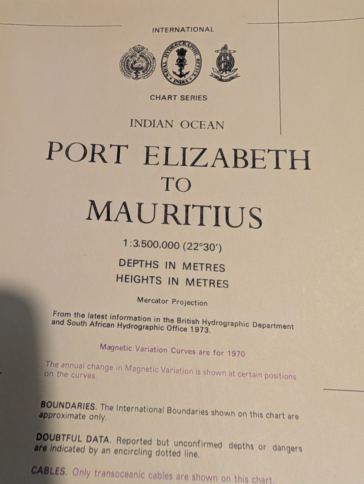 1974 South Africa Mozambique Reunion Mauritius coastal map NOAA 42 by 28 inches