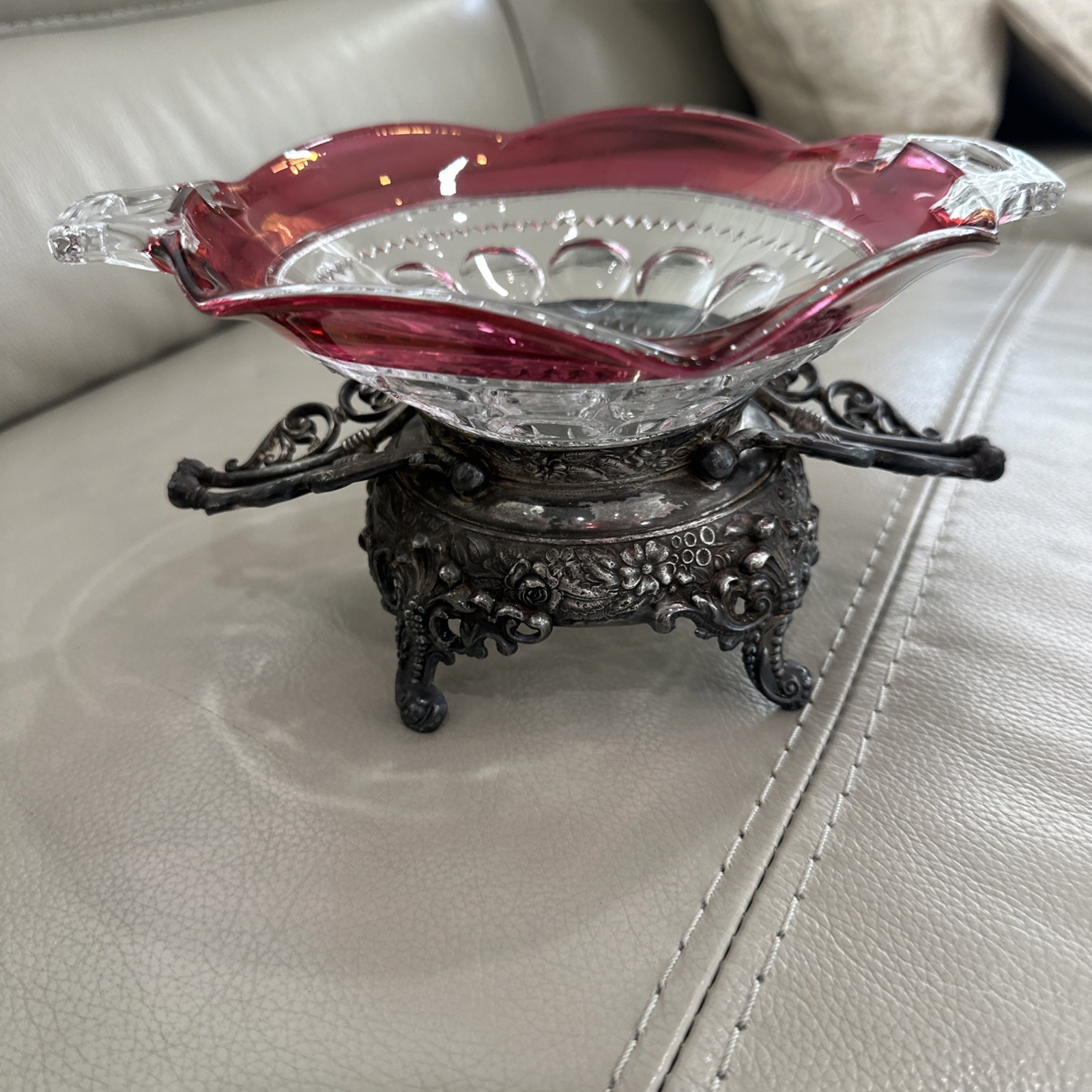 Antique Victorian Silverplate Brides Basket Stand w/ Cranberry Glass Bowl Ornate