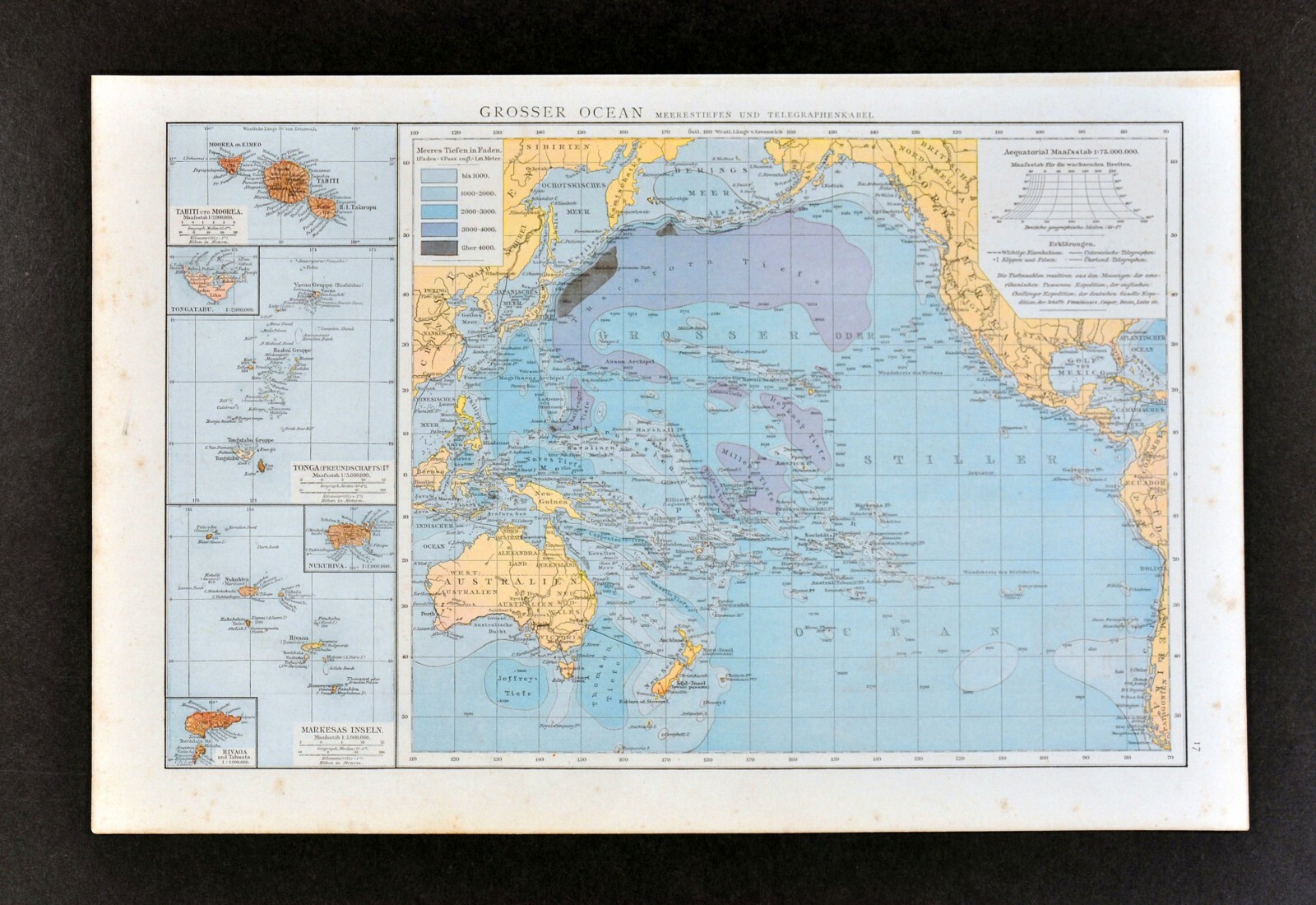 1881 Andrees Map Pacific Ocean Oceania Australia Hawaii Tonga Japan Asia America