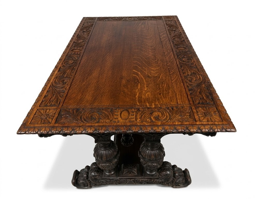 Antique George C Flint Co Library Table Renaissance Revival Carved Oak Man Heads