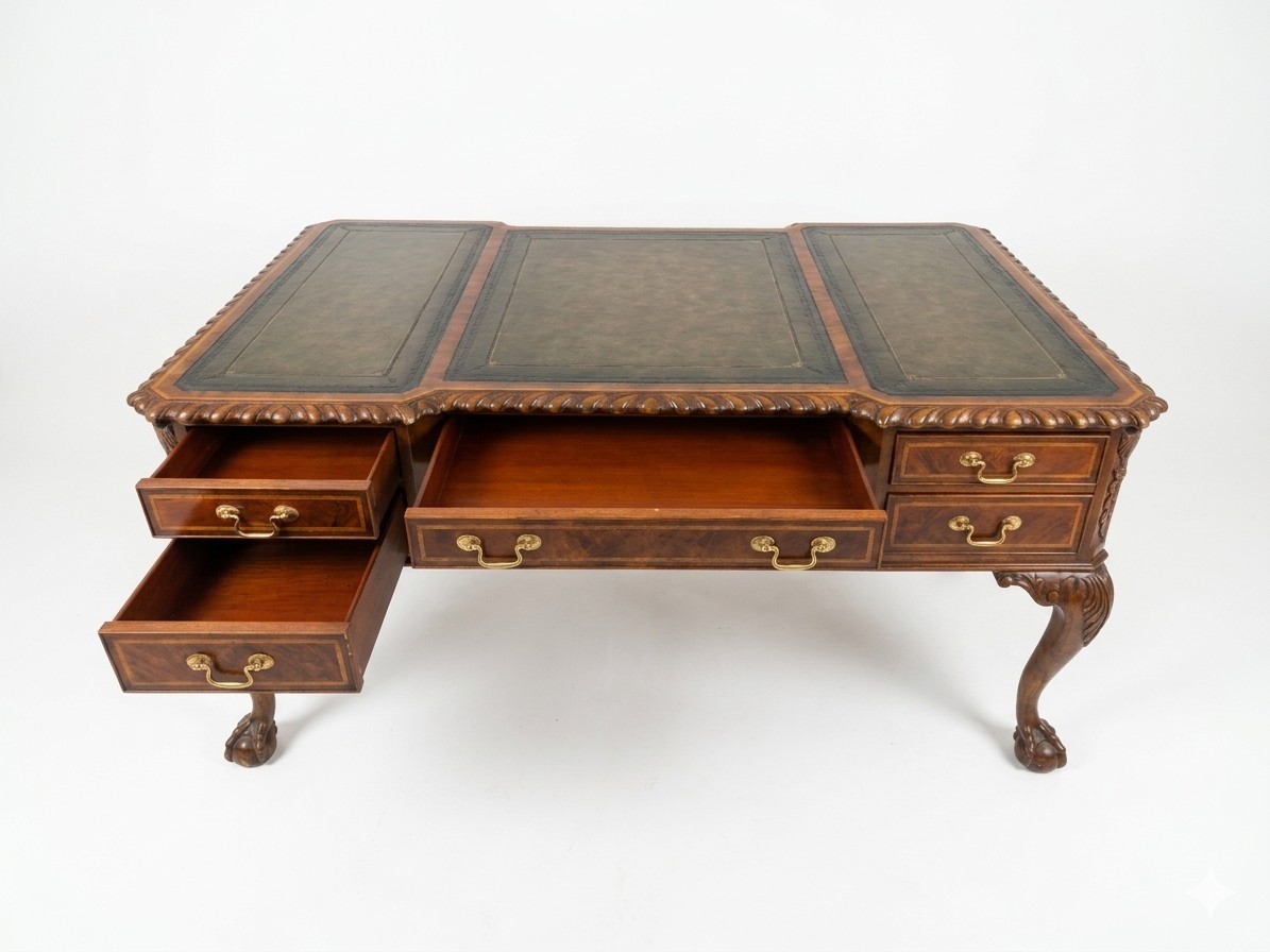 Antique Style Mahogany & Burr Walnut Partners Desk – Green Leather Top – Chipp