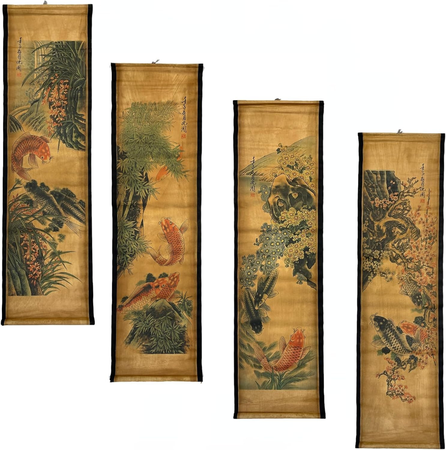 4Pcs/Set Wall Scroll Hanging Painting Decor Japanese Koi Fish Flower Fengshui, A