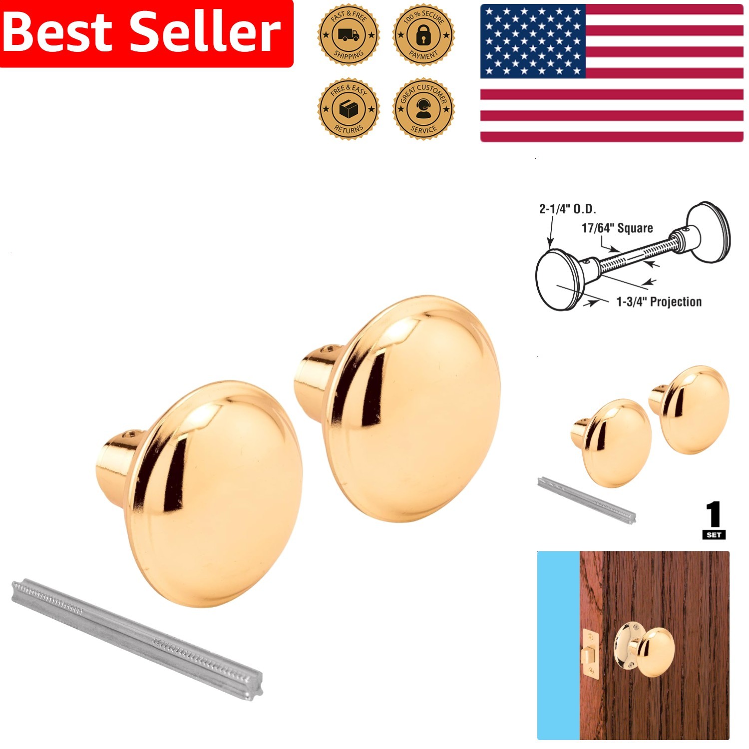 Brass Door Knob Spindle Set – Vintage Traditional Interior Hardware 2-1/4 In