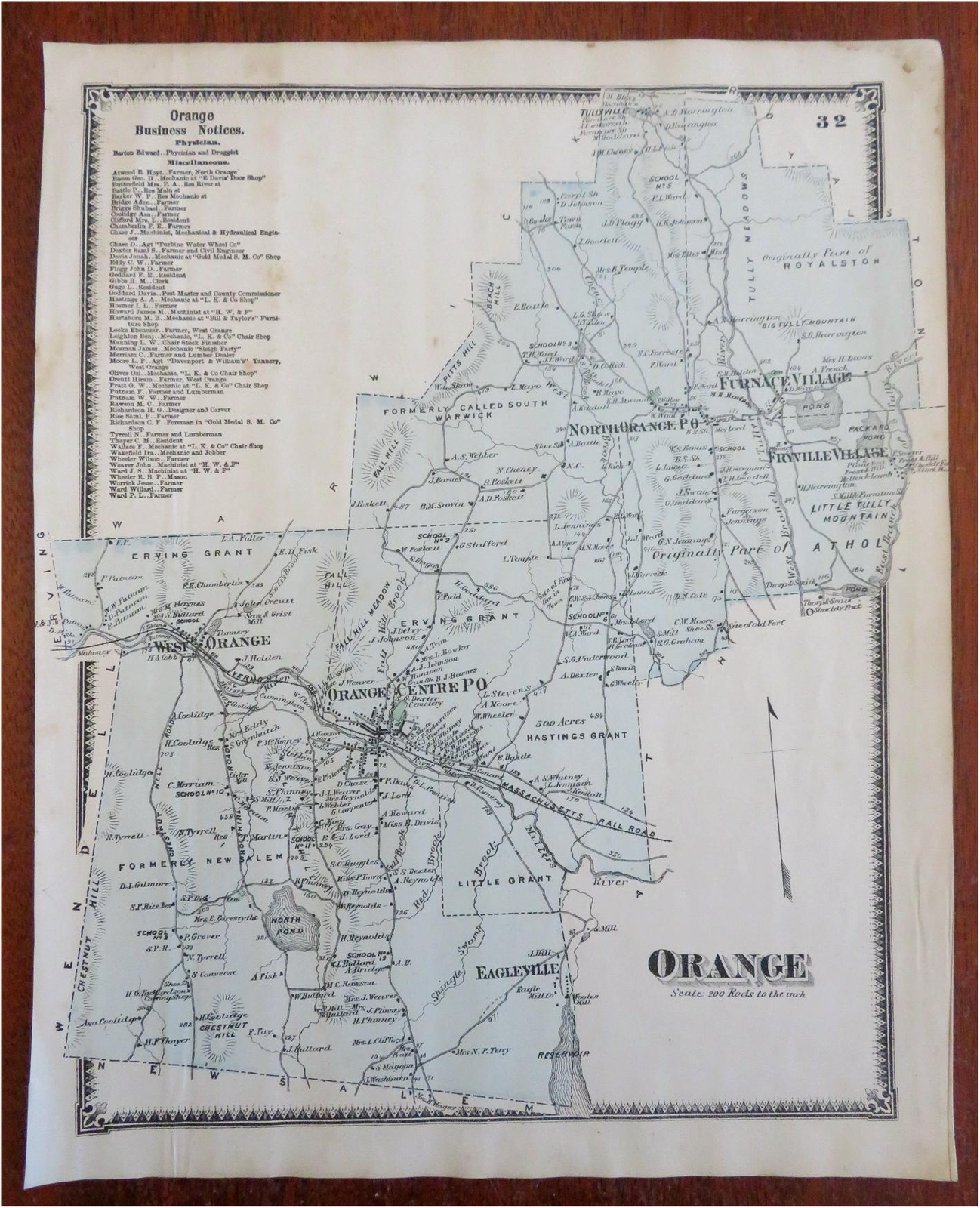 Orange Franklin County Massachusetts 1871 F.W. Beers detailed township map