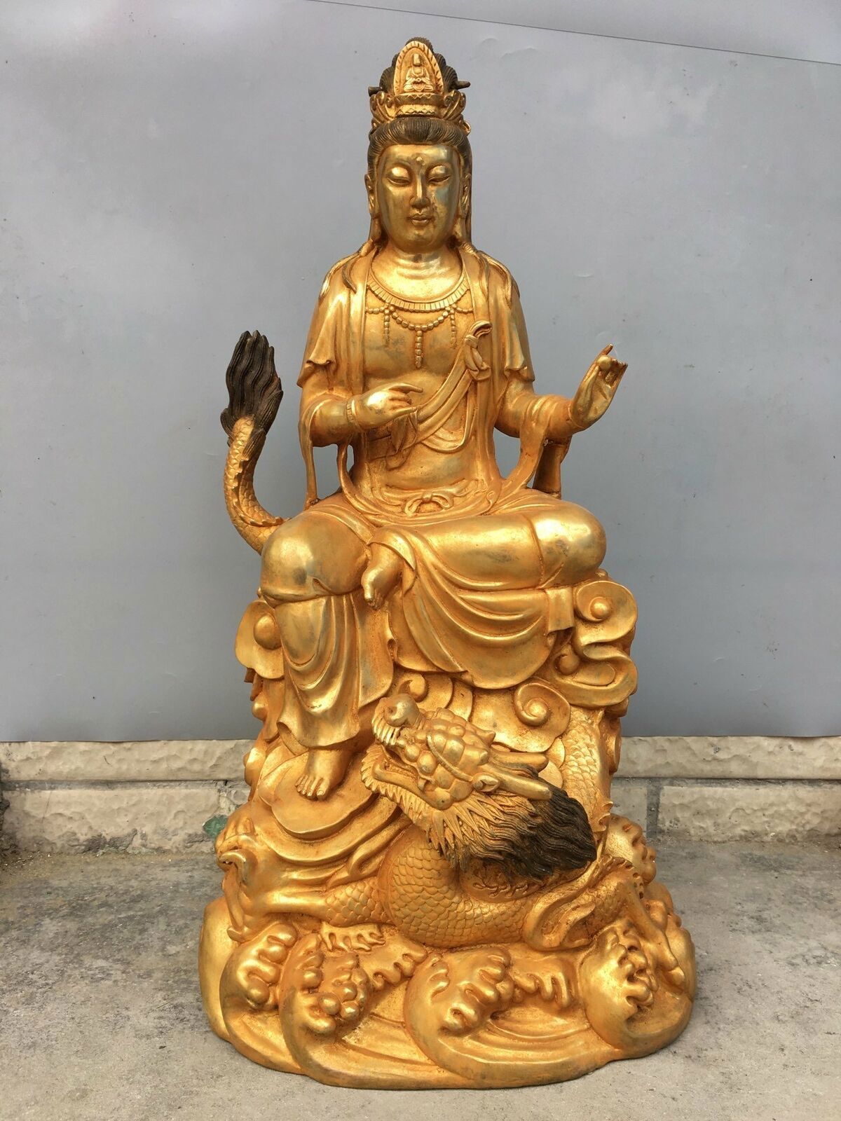 26.6″ Chinese Tibetan Buddhism bronze 24k gilt dragon guanyin Bhodisattva Statue