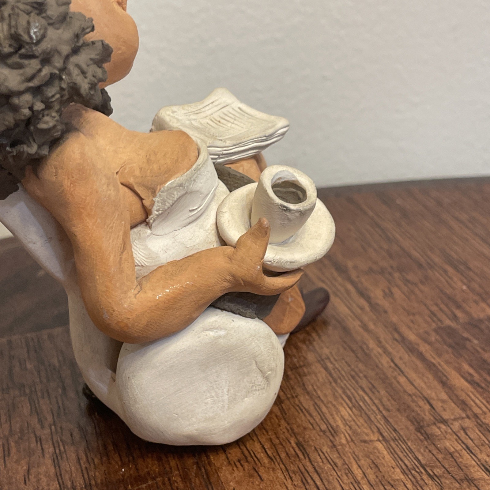 Denis Filtser Clay Figurine Woman Gossip Bench Phone Coffee Signed Pottery Art