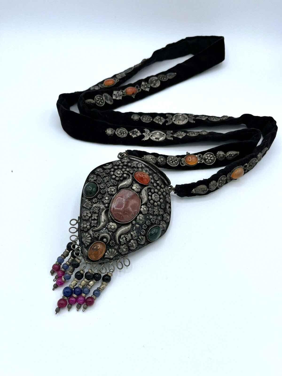 Antique Tibetan Silver & Gem Flint or Tinder Pouch with Embellished Strap