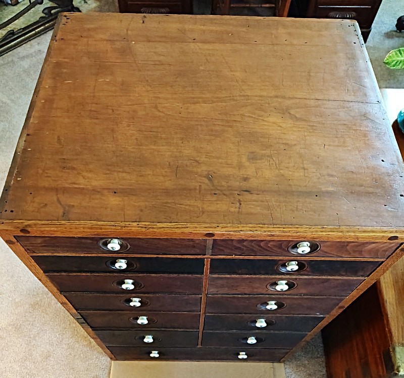 RARE Antique Printer Document Parts Photo Cabinet 12 Drawers Porcelain Burl Wood