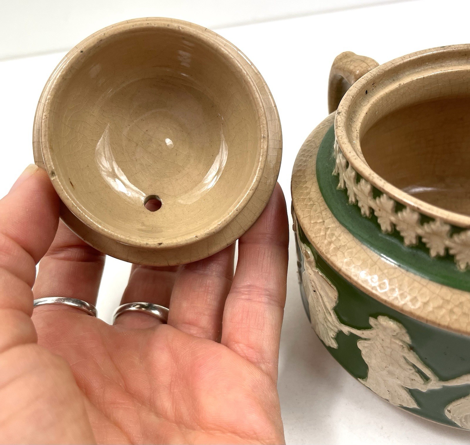 Etruscan England Antique Green Jug With Lid Dancing Hours Jasperware Relief Rare