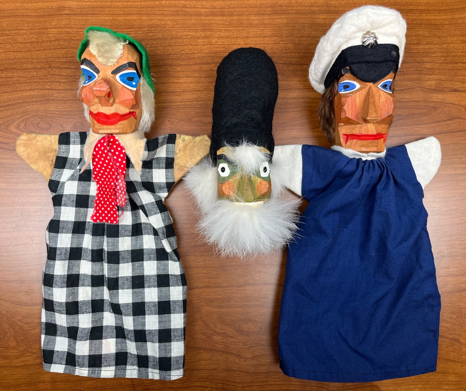 Lot of 3 Vintage Wooden-Head Handcarved Puppets German Wizard Police AS PICTURED