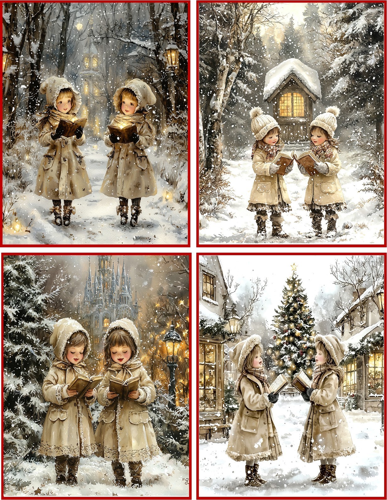 8 Christmas vintage girls caroling glossy blank fold out Christmas Card envelope