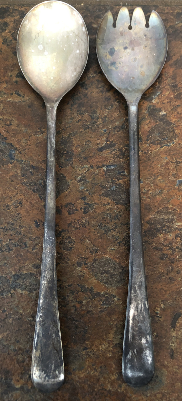 Vtg 2 pc Salad Serving Spoon & Fork Set Silver Plate 9” Tarnished Props