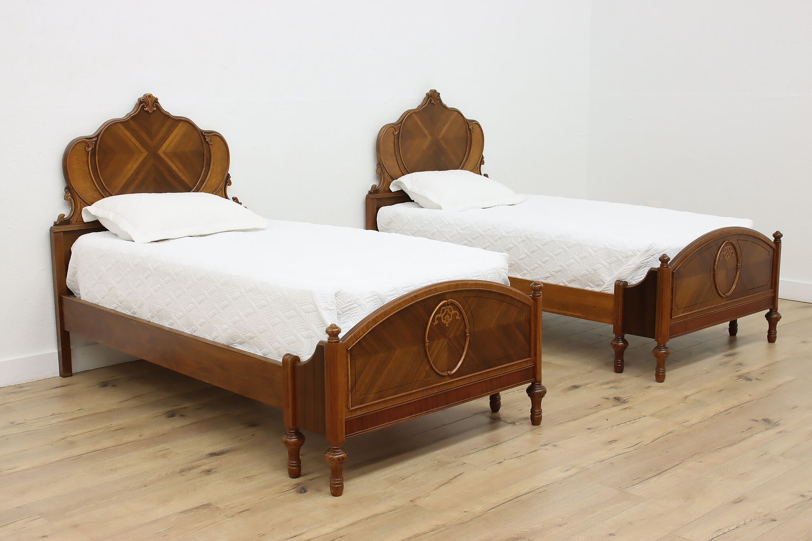 Pair of Tudor Vintage Walnut & Maple Twin Size Beds, Joerns #56349