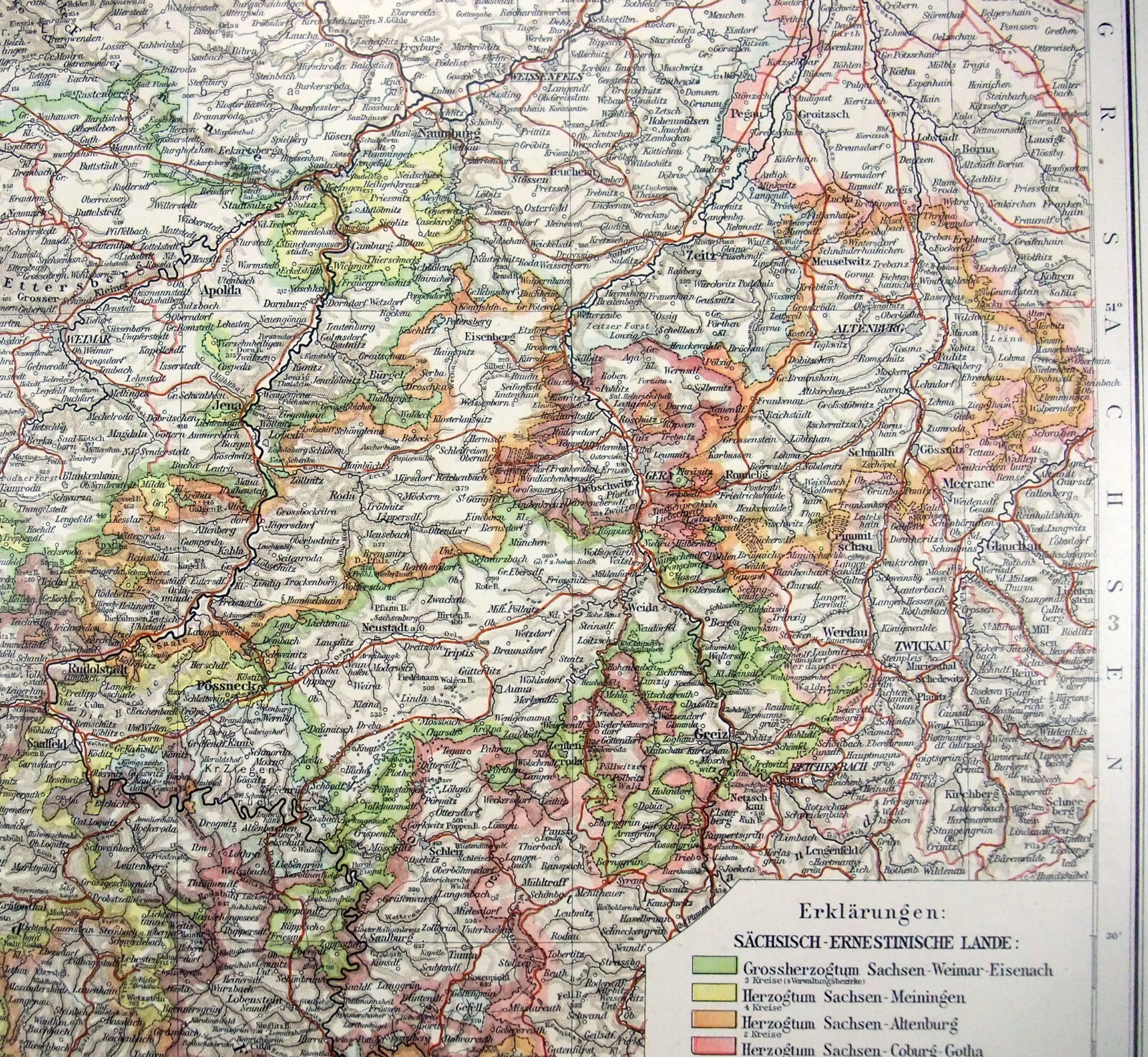 Thüringen States – Original 1899 Map by Velhagen & Klasing. Antique