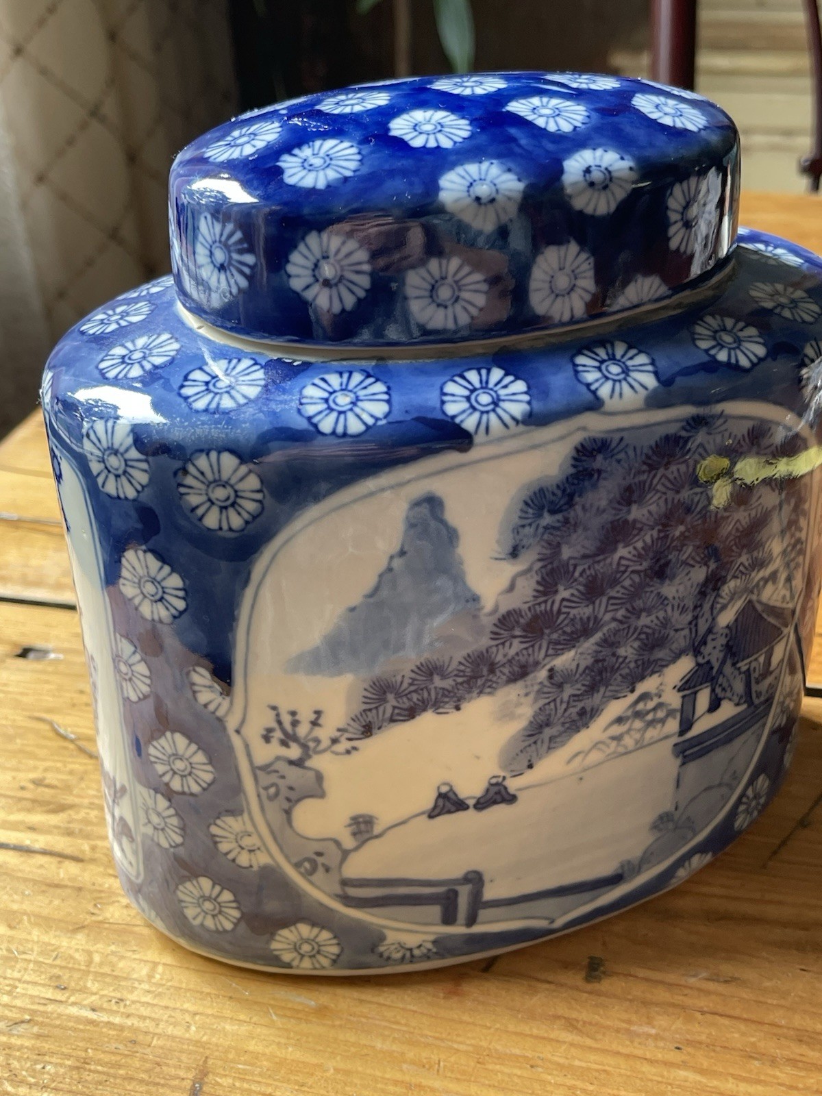 VintageChinese Tea Caddy Pagota Plum Flower Blue and White Figural and Landscape