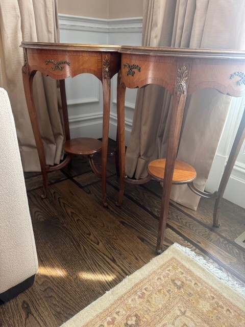 Antique wood & bronze side tables